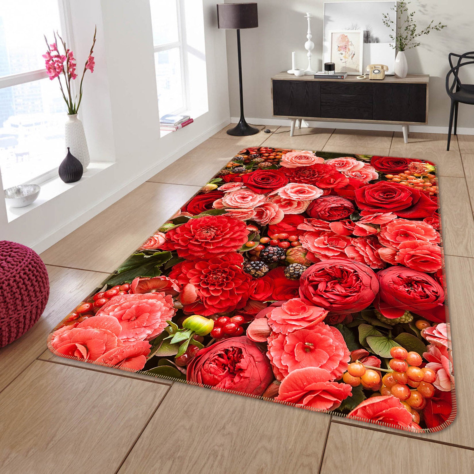 3D Red Flowers 26026 Non Slip Rug Mat