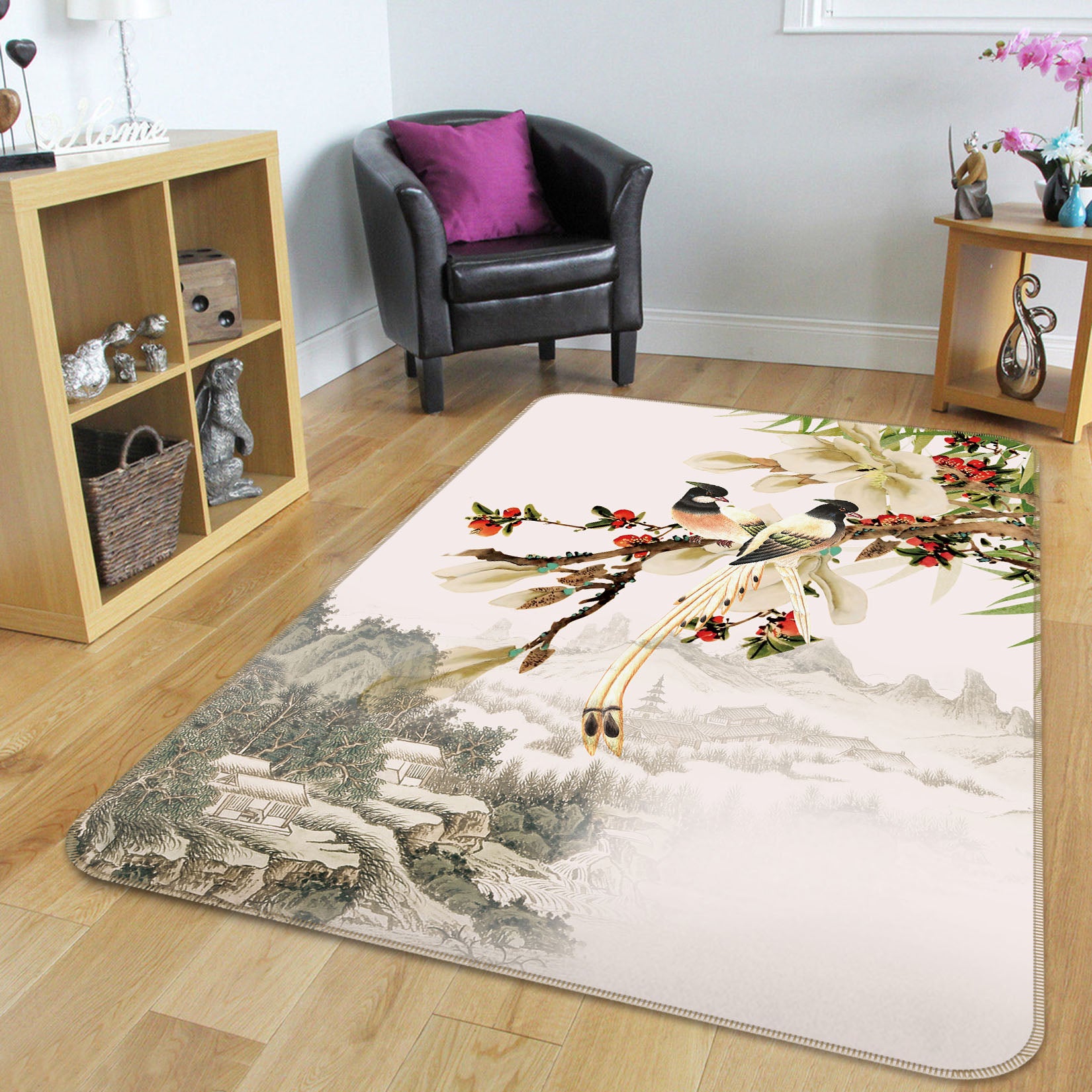 3D Flower Branch Bird 27158 Non Slip Rug Mat