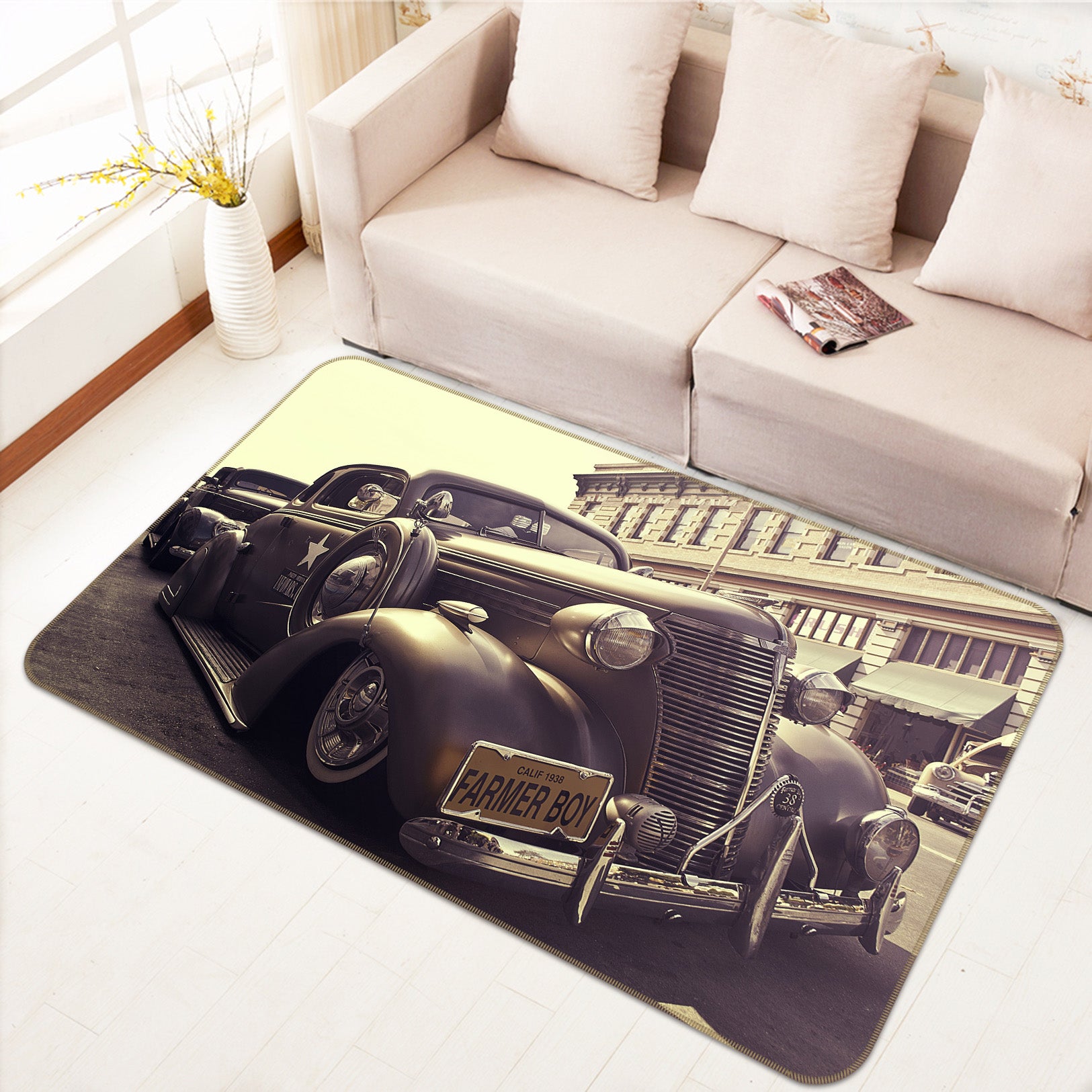 3D Black Vintage Car 68074 Vehicle Non Slip Rug Mat
