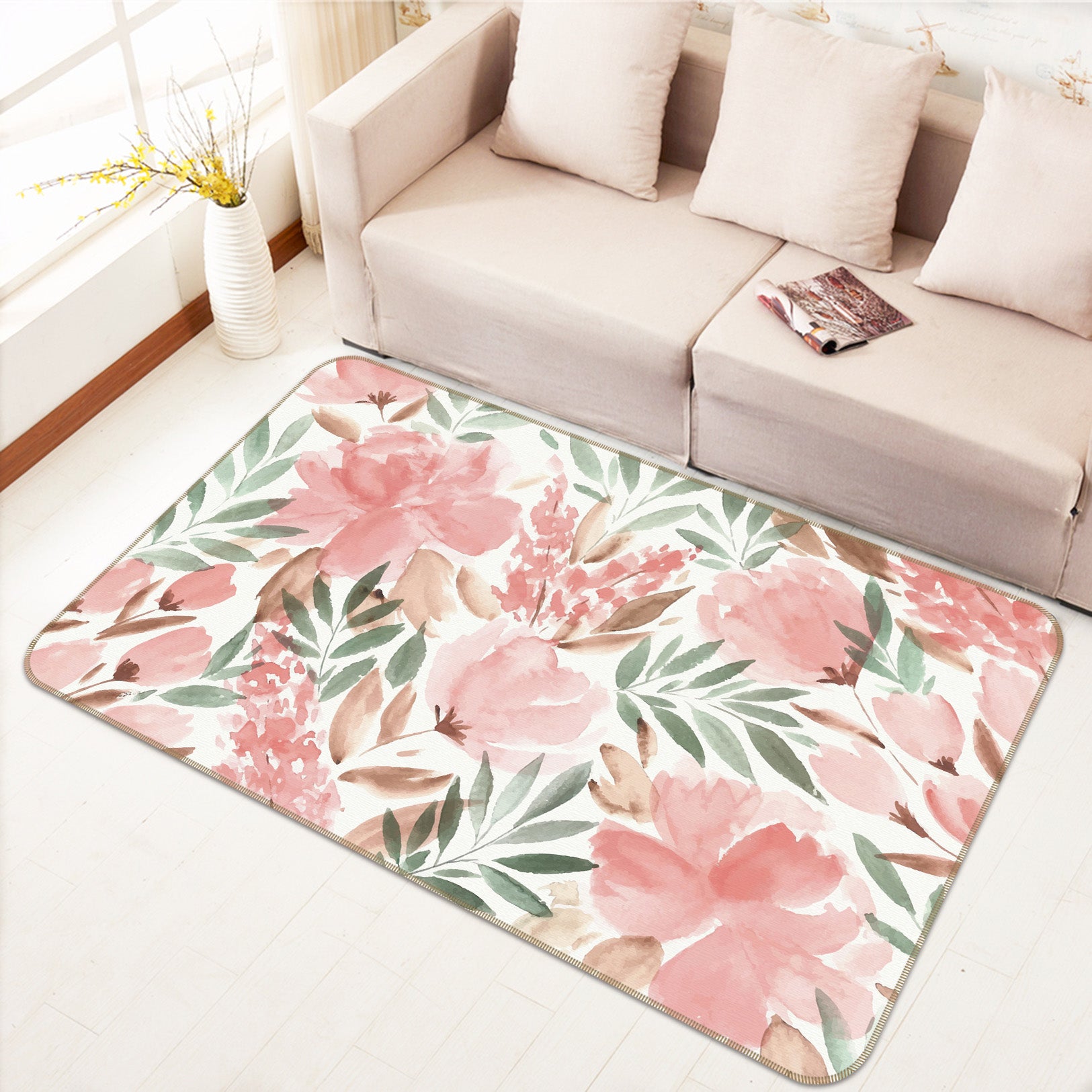 3D Pink Flowers Leaf 30200 Non Slip Rug Mat