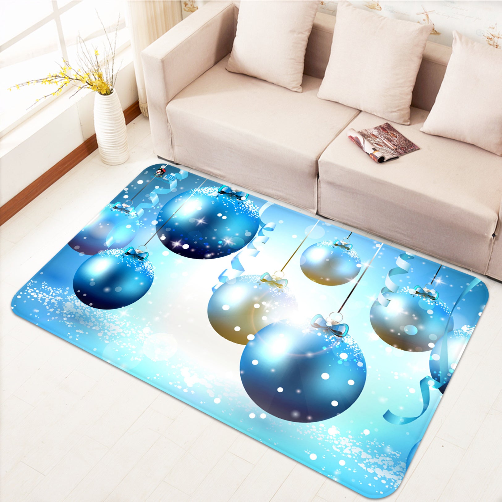 3D Blue White Ball 65176 Christmas Non Slip Rug Mat Xmas