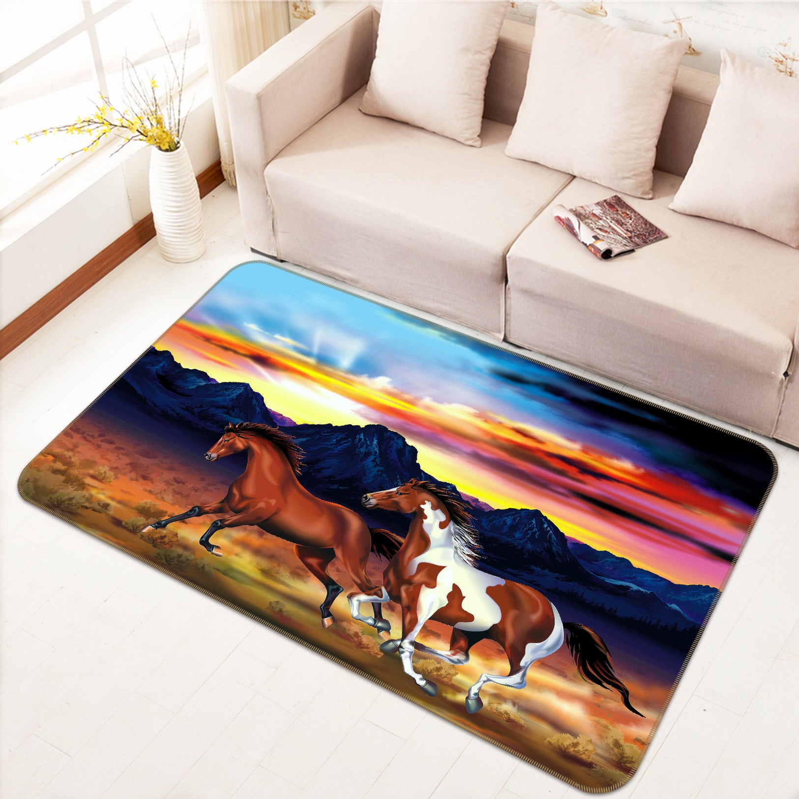 3D Mountains Horses 69020 Animal Non Slip Rug Mat