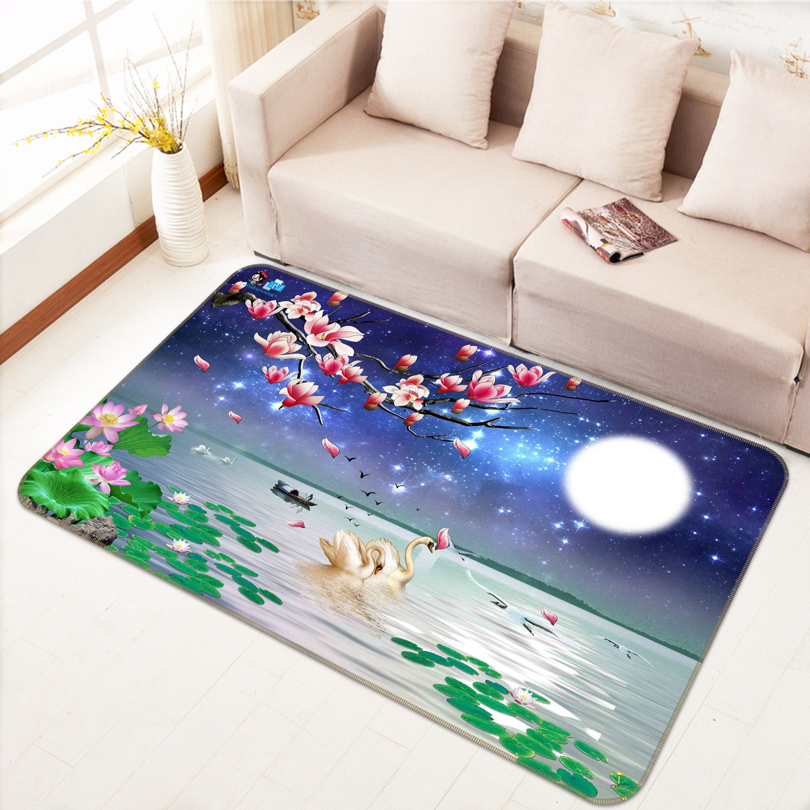 3D Moon Swan Lotus 66088 Non Slip Rug Mat
