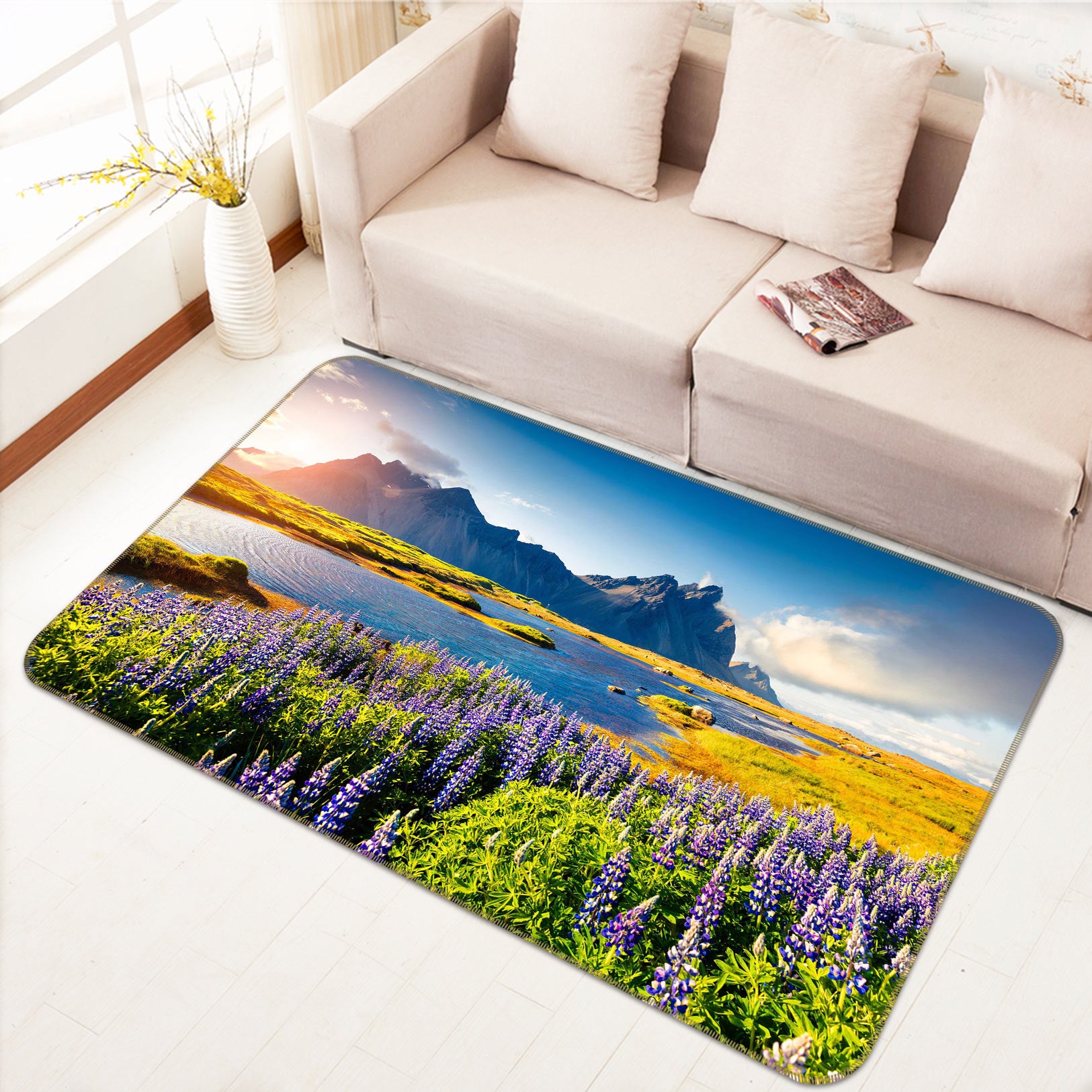 3D Flowers Mountains 77144 Non Slip Rug Mat