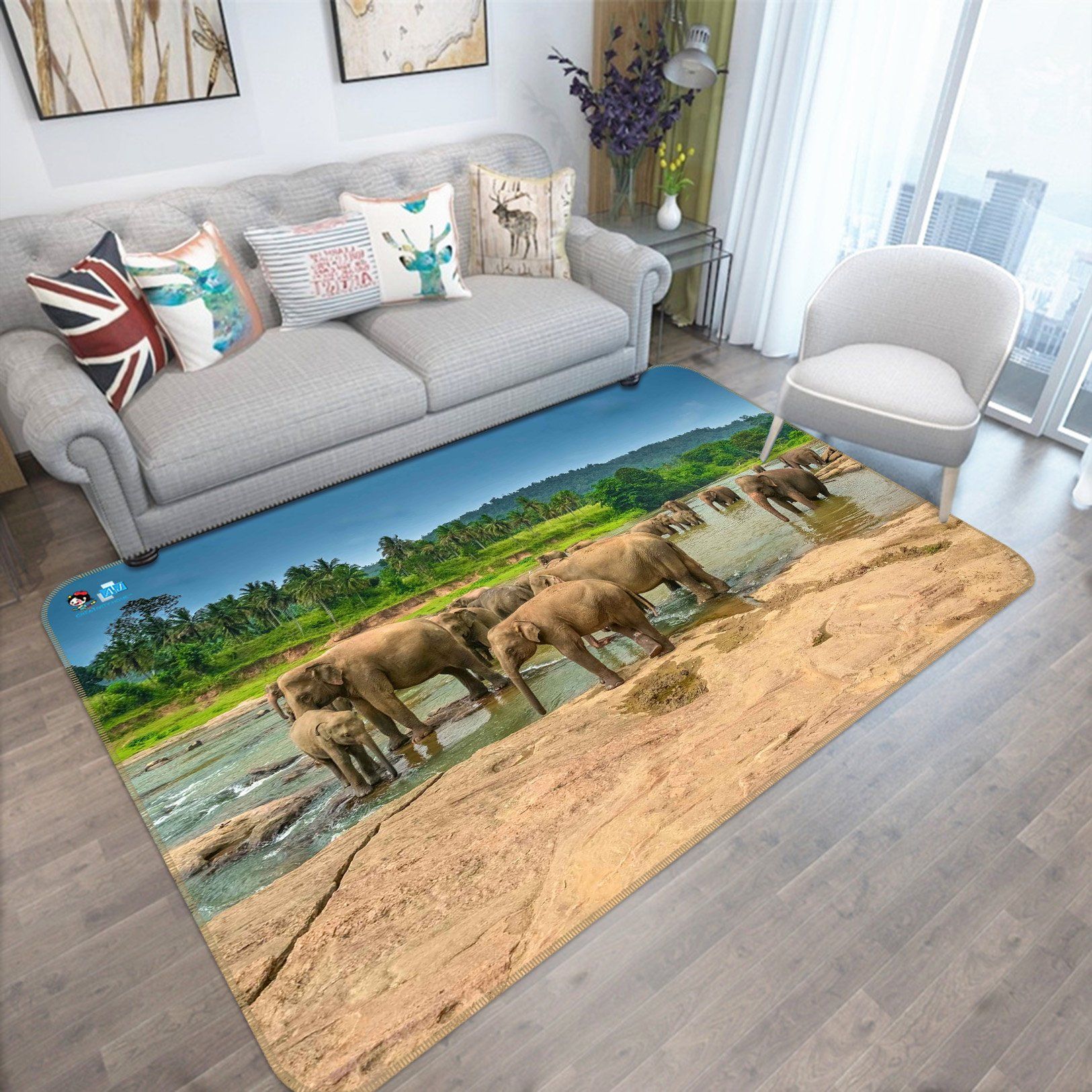 3D River Playful Elephants 280 Non Slip Rug Mat Mat AJ Creativity Home