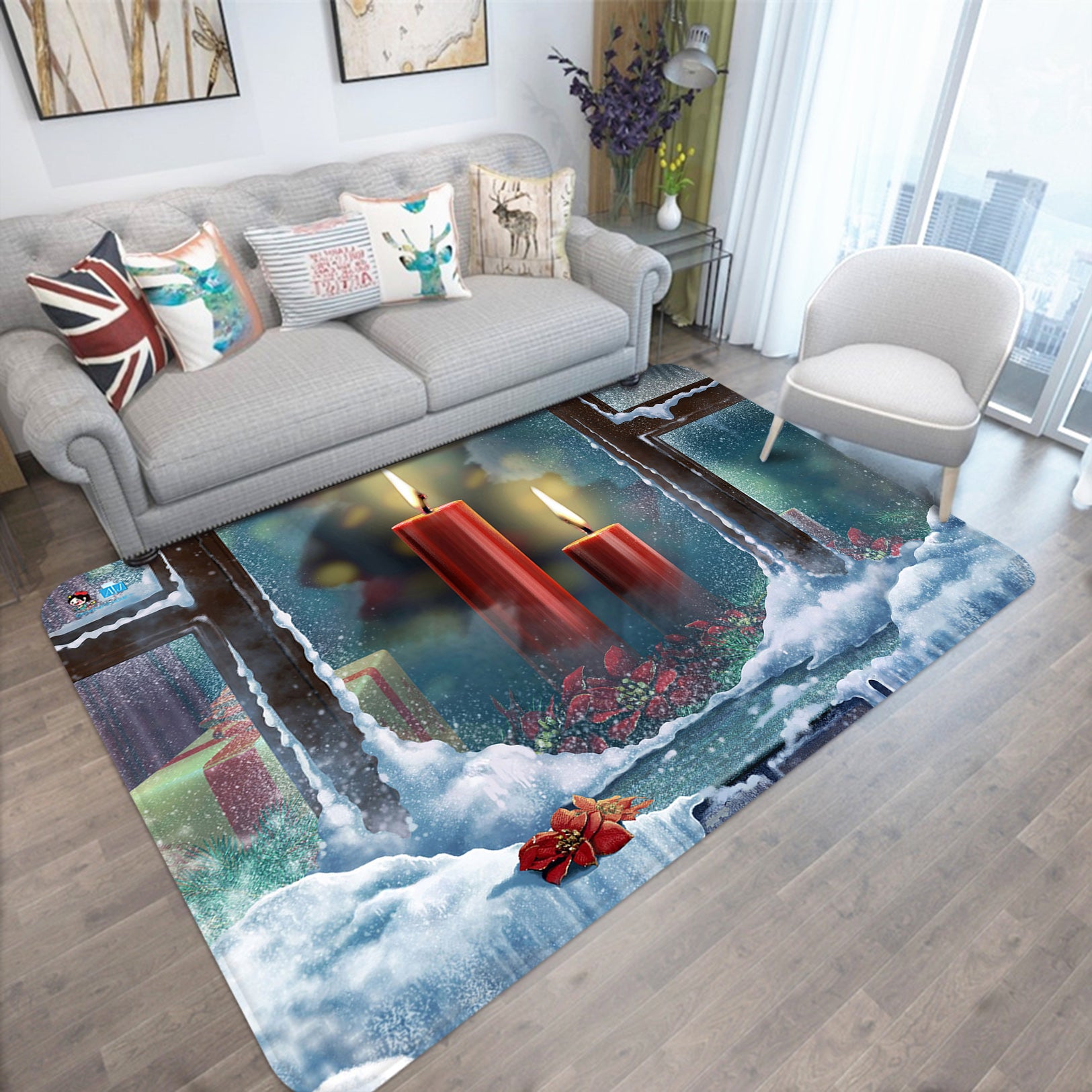 3D Glass Candle Snow 65184 Christmas Non Slip Rug Mat Xmas