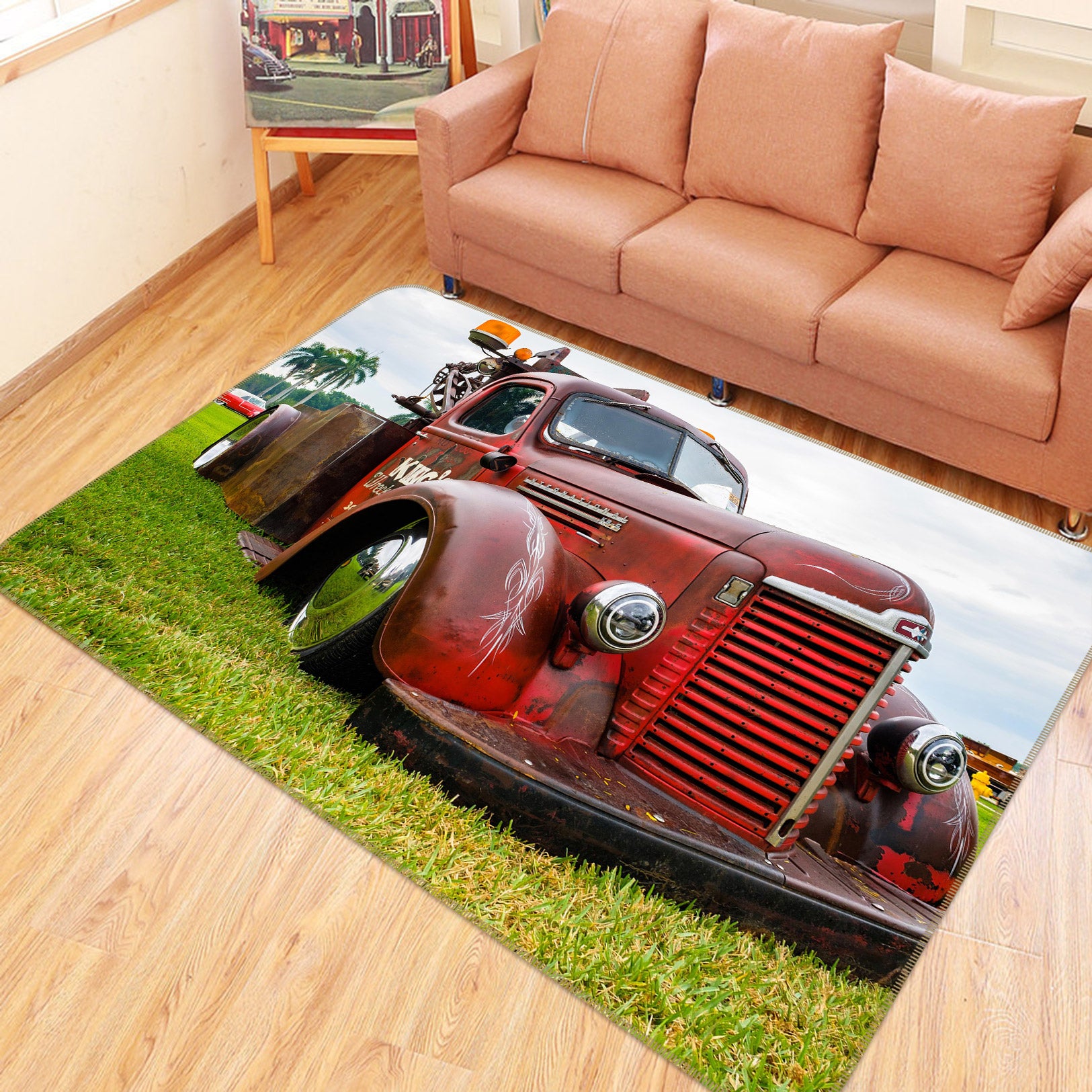 3D Grass Retro Red Car 67230 Vehicle Non Slip Rug Mat