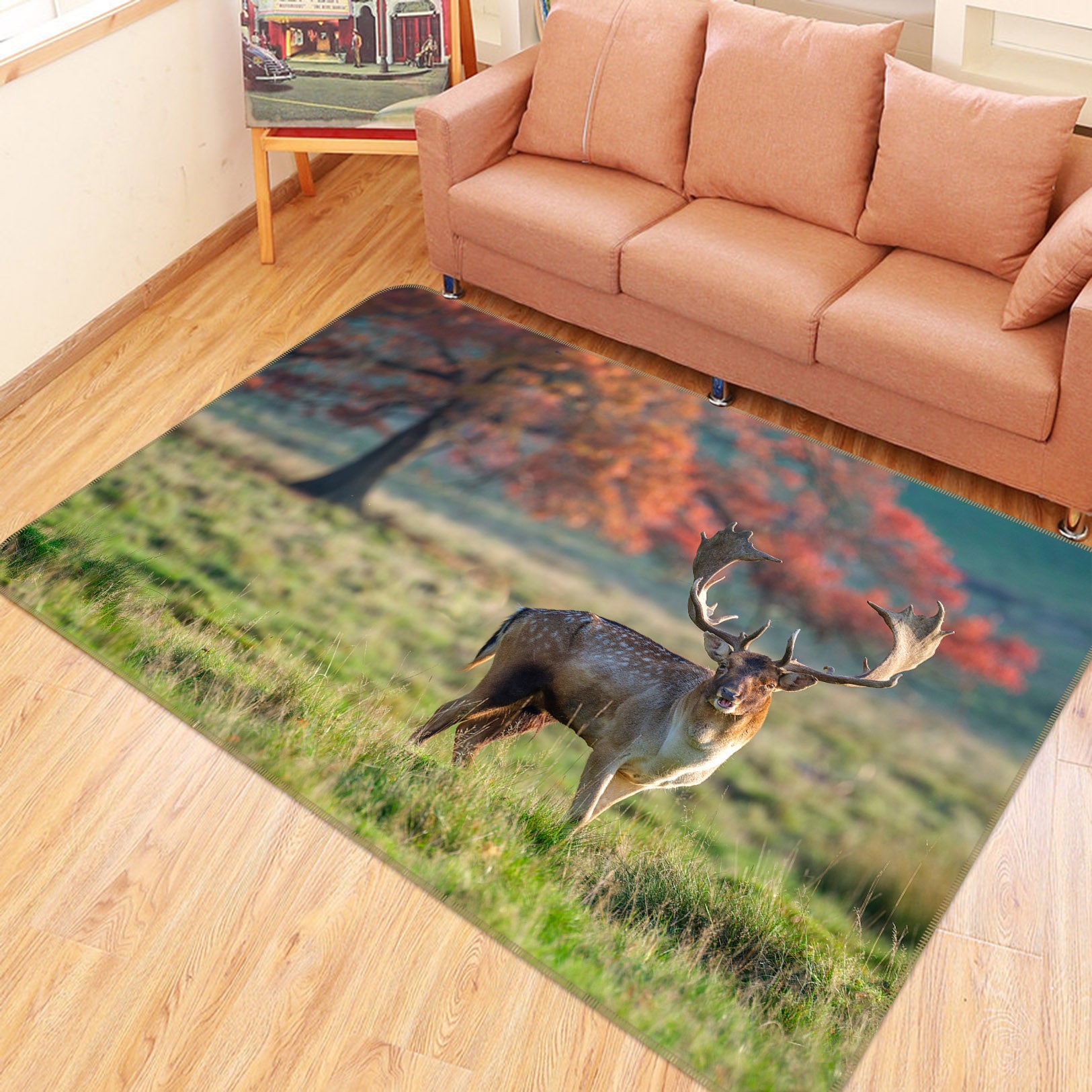3D Trees Deer 83281 Assaf Frank Rug Non Slip Rug Mat
