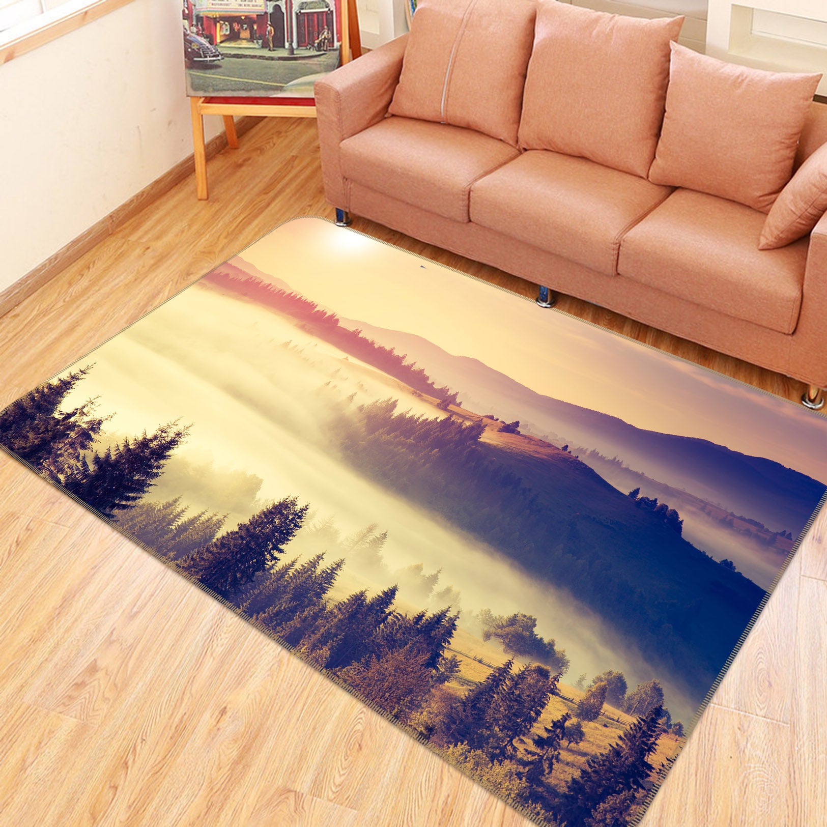 3D Mountains Trees 35028 Non Slip Rug Mat
