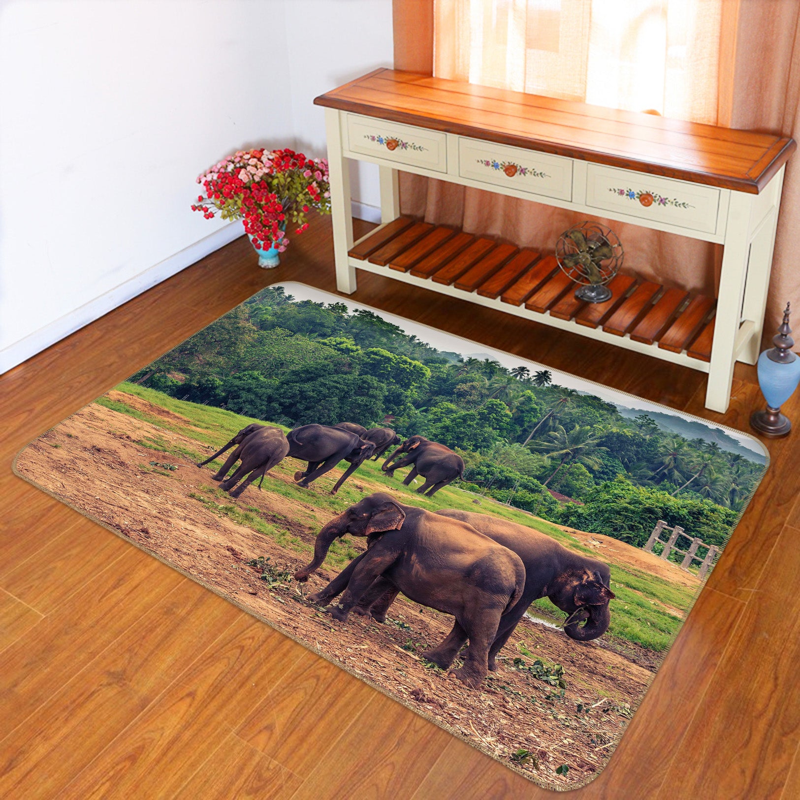 3D Elephant Grass 057 Animal Non Slip Rug Mat
