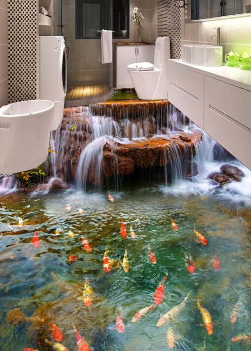 3D Waterfall Fish Pond Floor Mural Wallpaper AJ Wallpaper 2