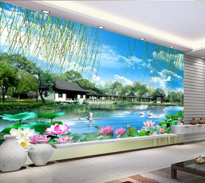 3D Willow Pond Lotus Pavilion Wallpaper AJ Wallpaper 1
