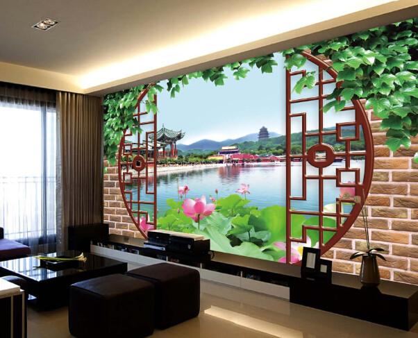 3D Window River Lotus Wallpaper AJ Wallpaper 1