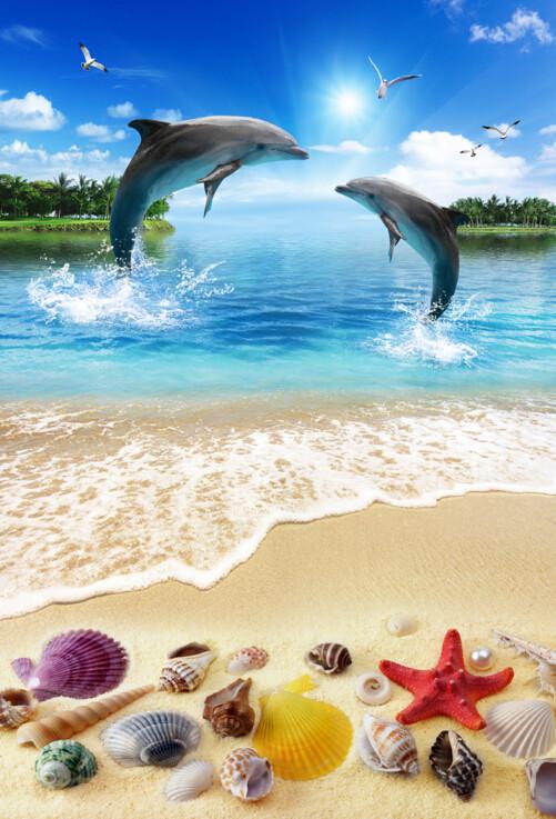 3D Beach Flying Dolphins Floor Mural Wallpaper AJ Wallpaper 2