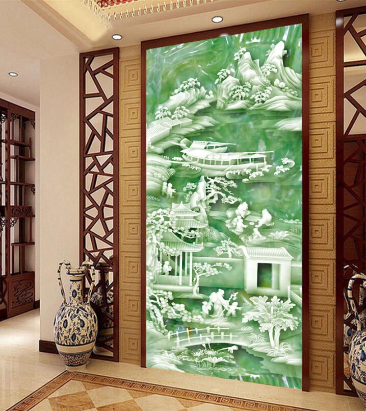 3D Green Jade House Mountain Wallpaper AJ Wallpaper 1