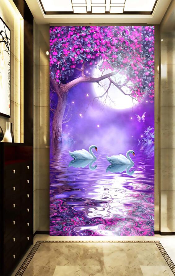 3D Swan Reflection Ripple Moon Porch Wallpaper AJ Wallpaper 1