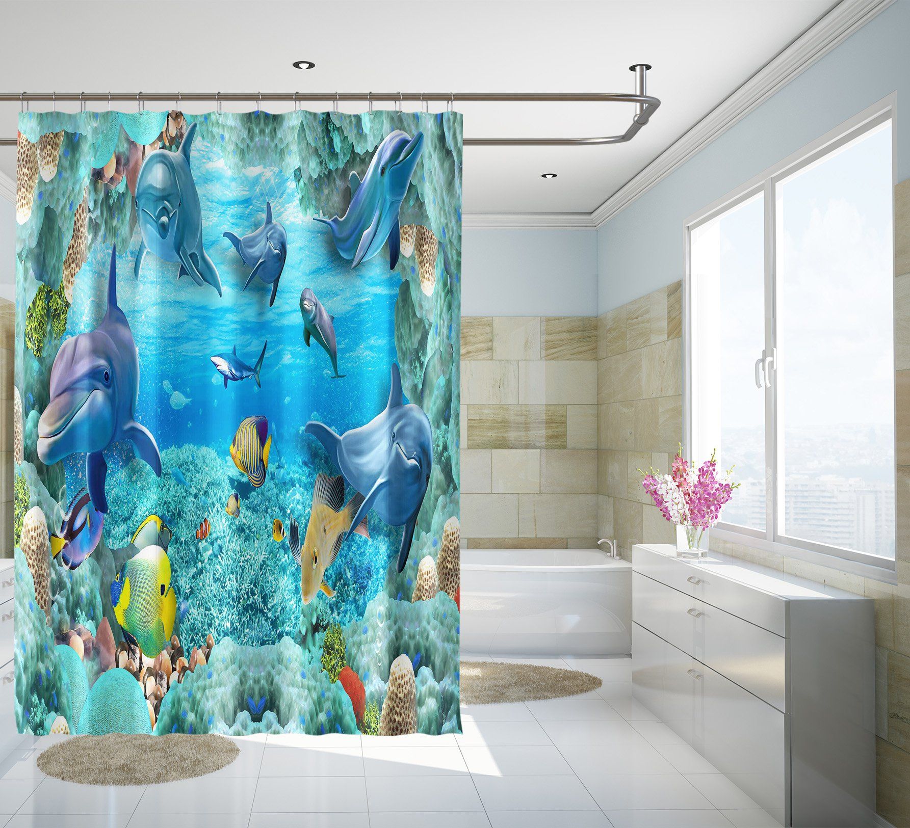 3D Dolphin Sea Turtle 052 Shower Curtain 3D Shower Curtain AJ Creativity Home