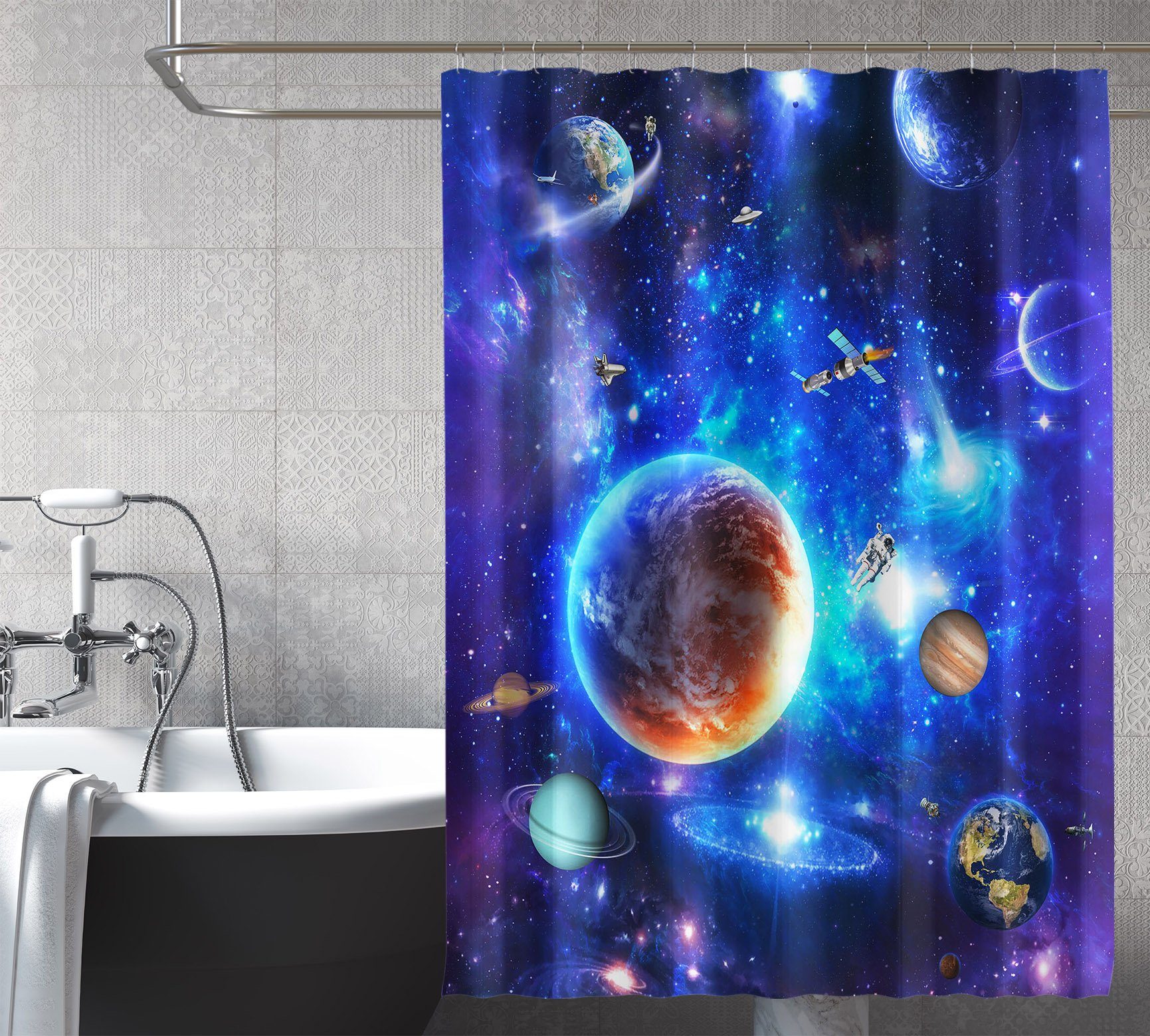 3D Astronaut Planet 067 Shower Curtain 3D Shower Curtain AJ Creativity Home