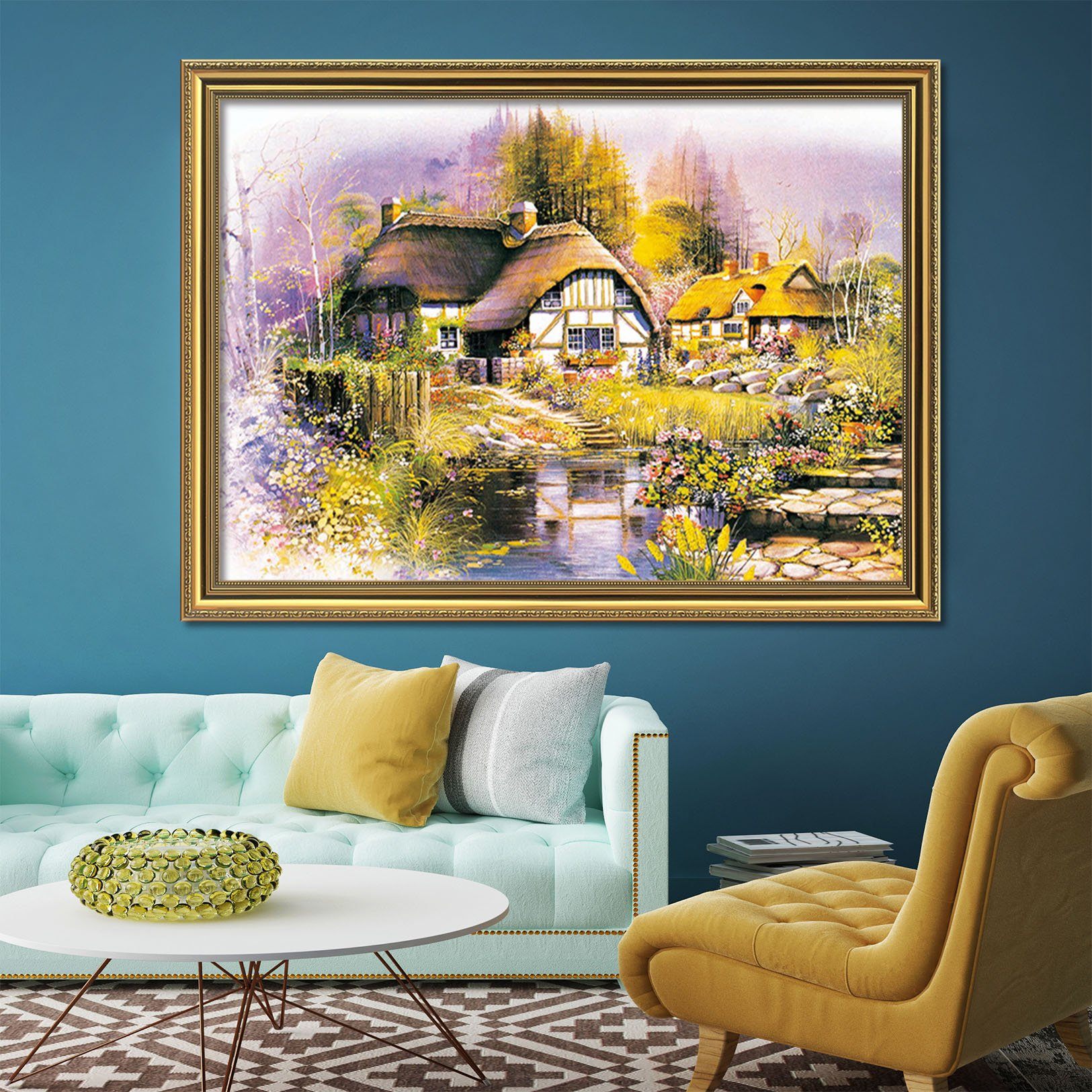 3D Thatched Cottager 021 Fake Framed Print Painting Wallpaper AJ Creativity Home