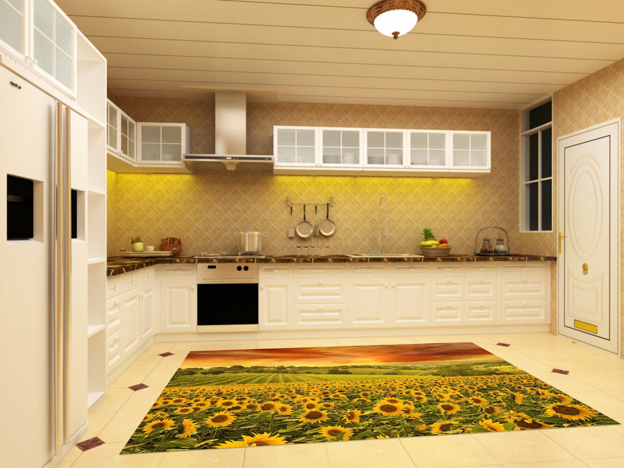 3D Sunflowers Field Sunset 138 Kitchen Mat Floor Mural Wallpaper AJ Wallpaper
