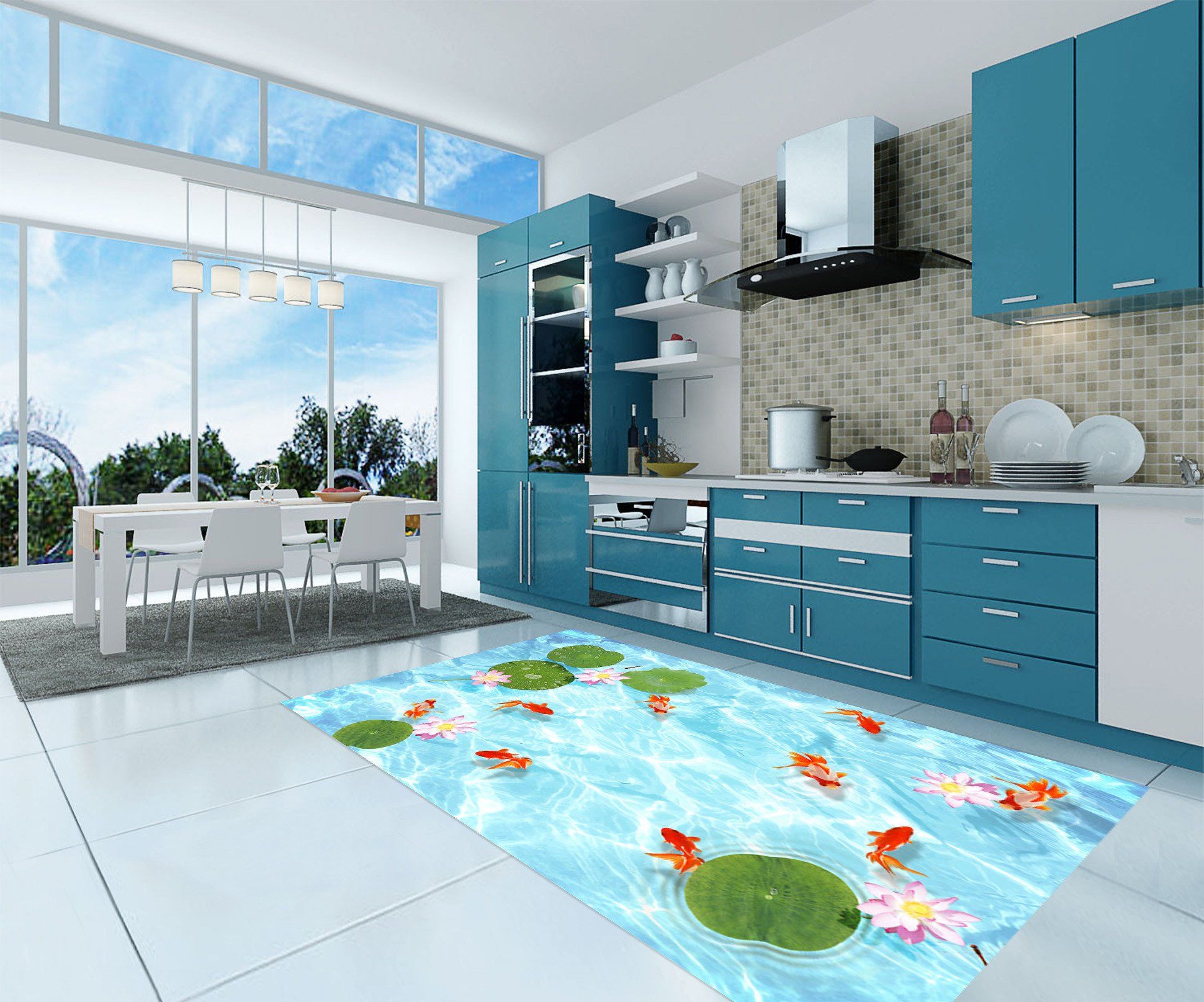 3D Fishes And Flowers 024 Kitchen Mat Floor Mural Wallpaper AJ Wallpaper