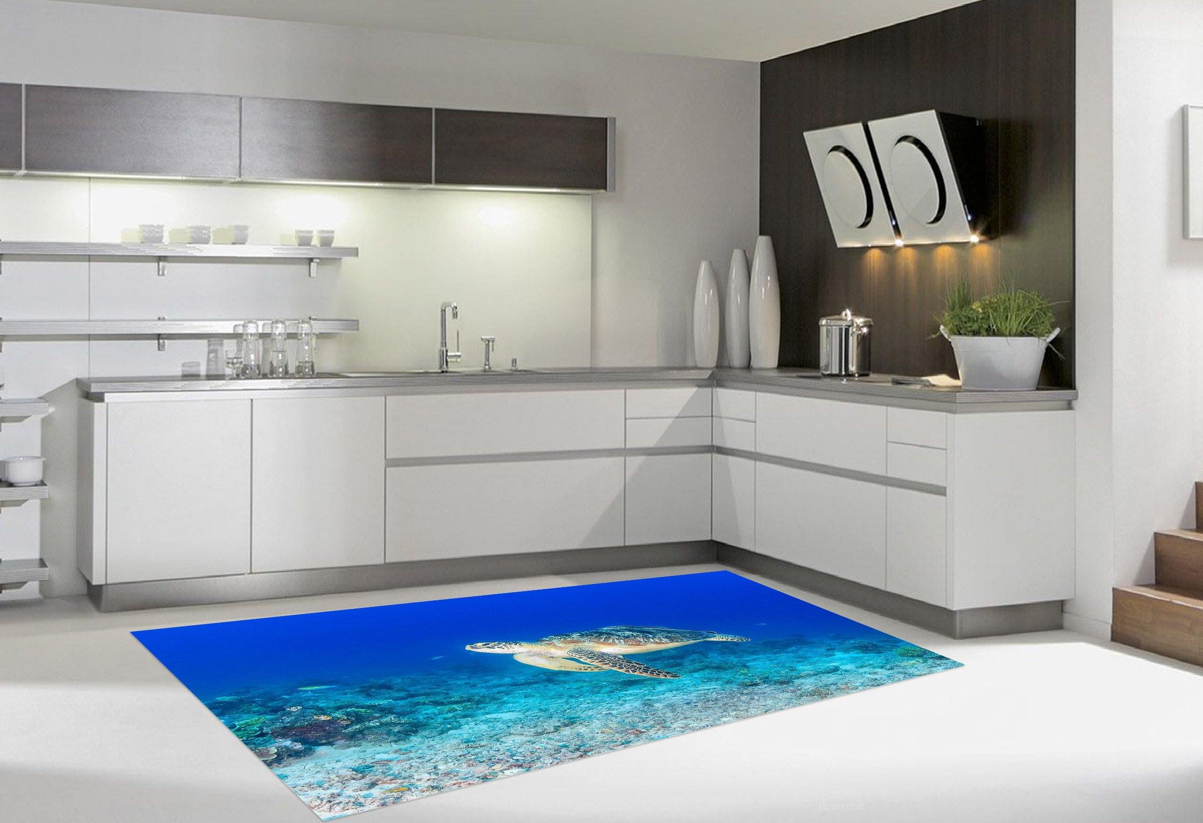 3D Seabed Swimming Turtle Kitchen Mat Floor Mural Wallpaper AJ Wallpaper