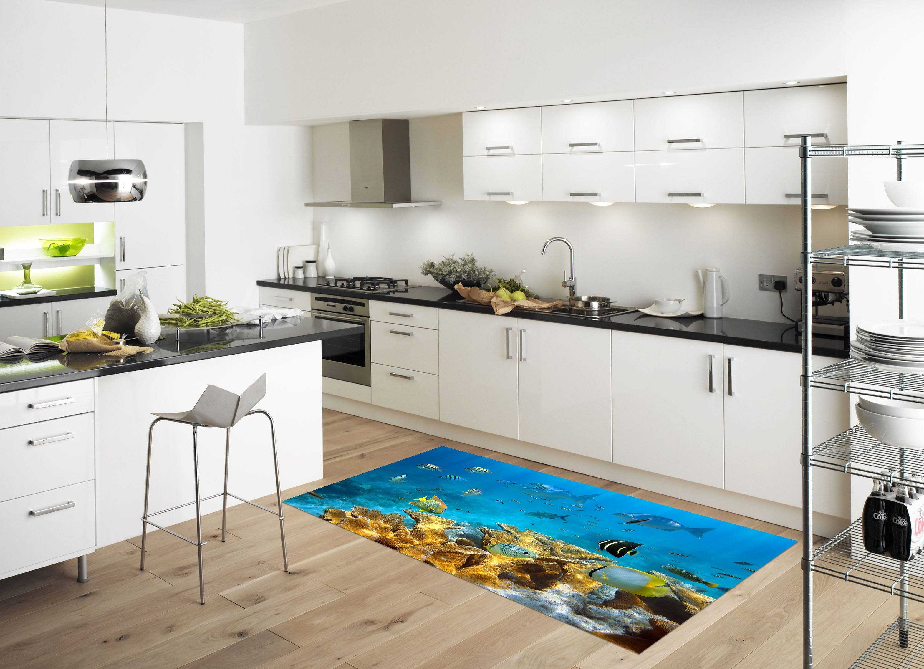 3D Ocean Striped Fishes Kitchen Mat Floor Mural Wallpaper AJ Wallpaper