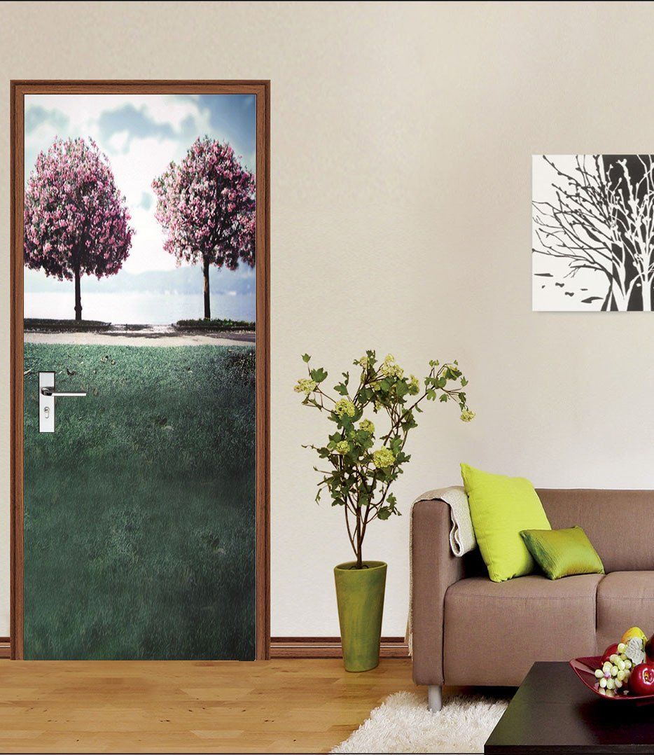 3D two flowering trees grassland door mural Wallpaper AJ Wallpaper