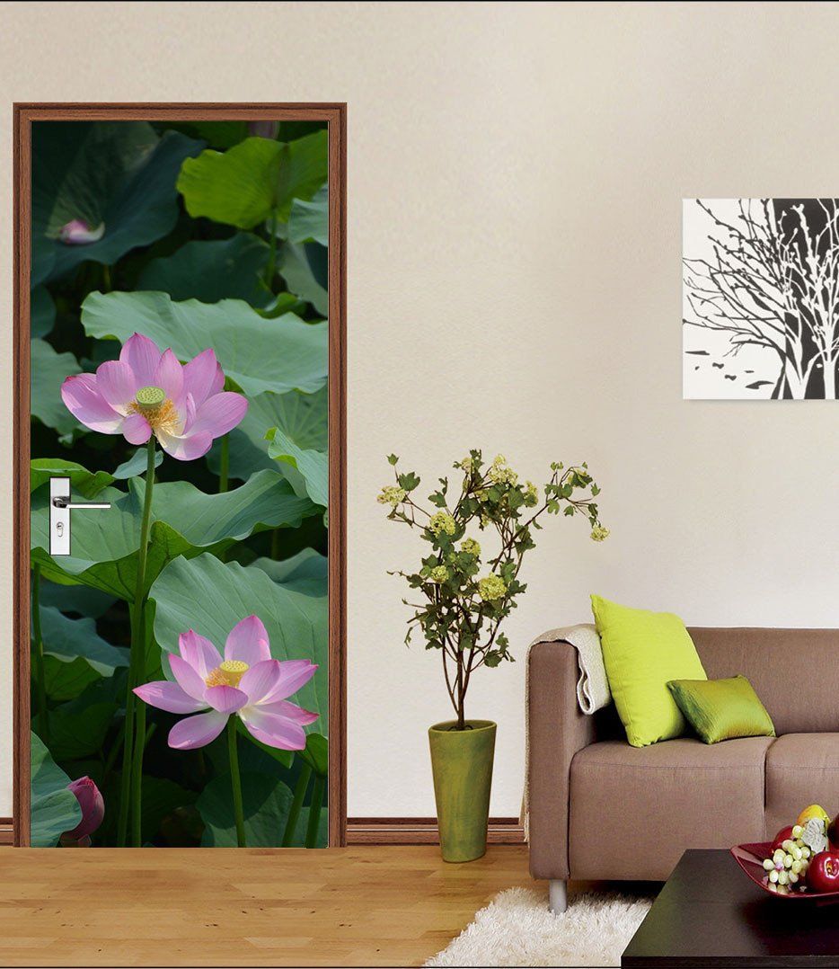 3D lotus flowers in the water door mural Wallpaper AJ Wallpaper