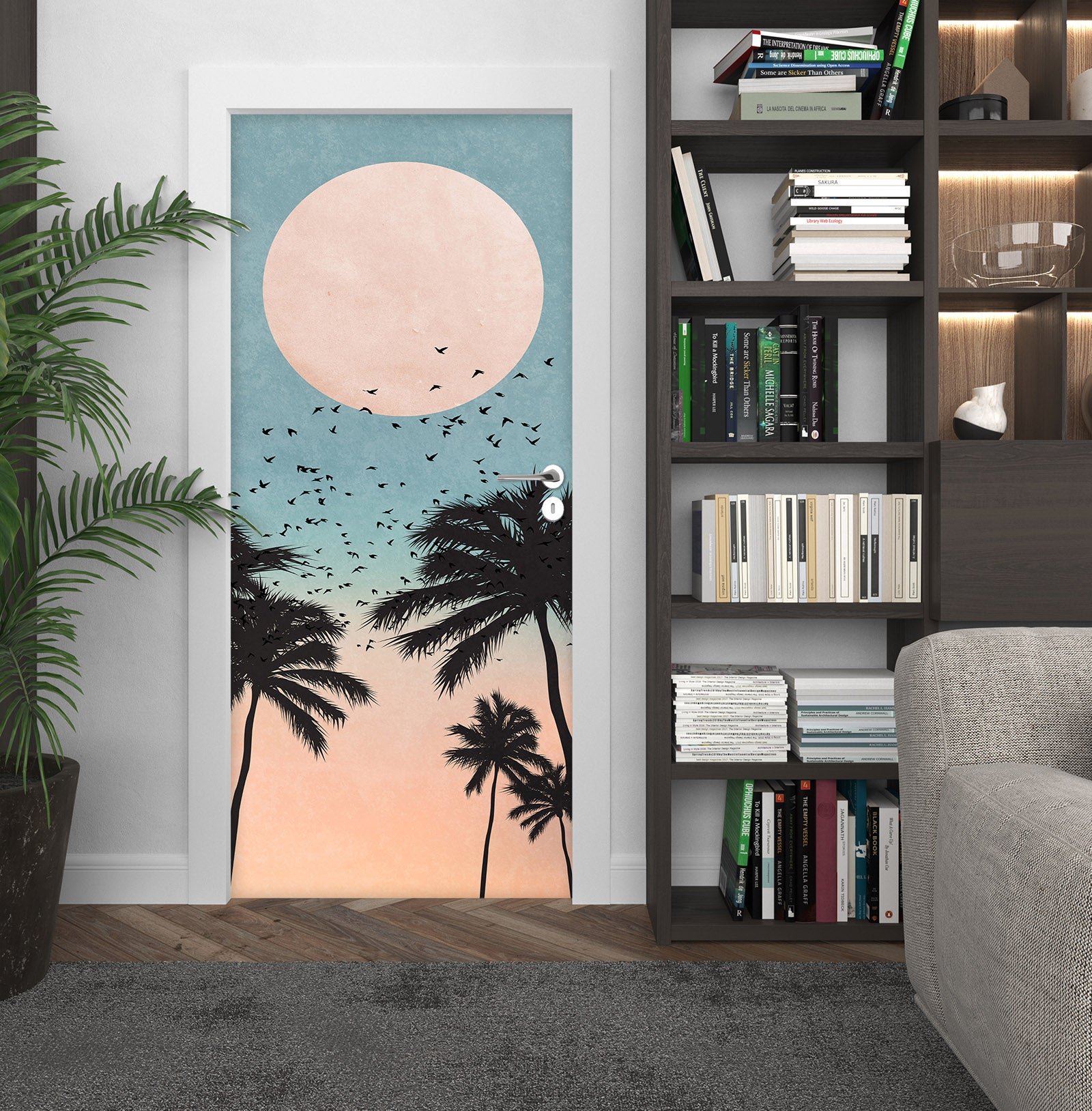3D Moon Coconut Tree Shadow 10145 Boris Draschoff Door Mural