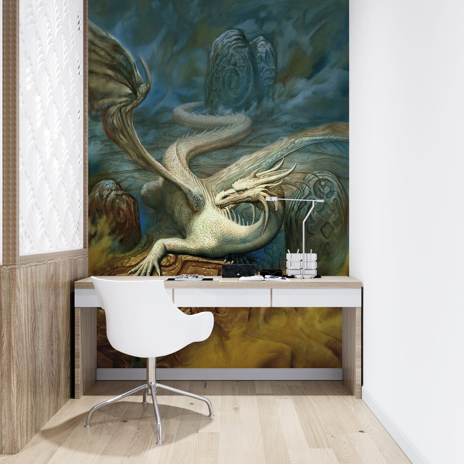 3D White Big Dragon 7137 Ciruelo Wall Mural Wall Murals