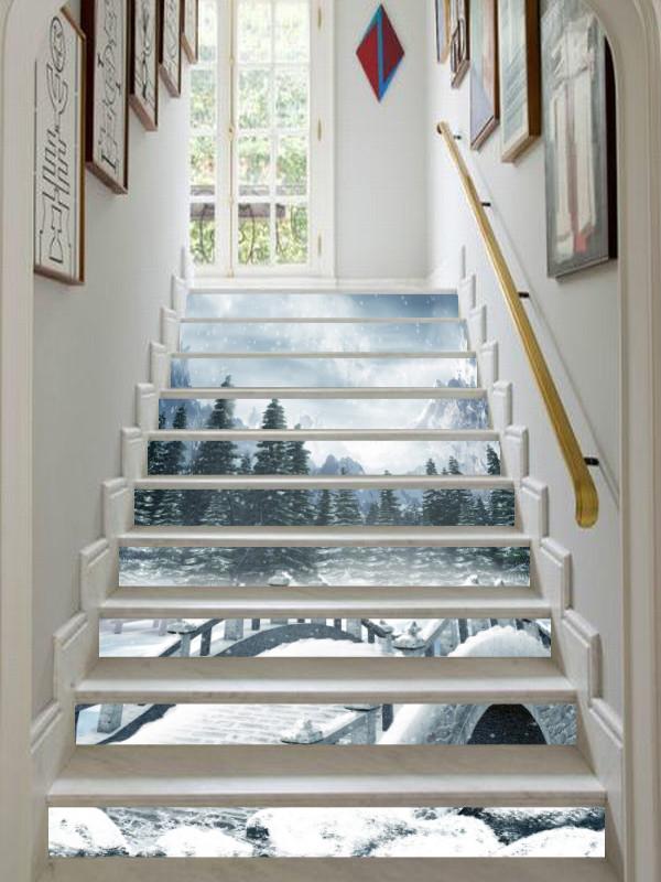 3D Snow Forest Bridge 313 Stair Risers Wallpaper AJ Wallpaper