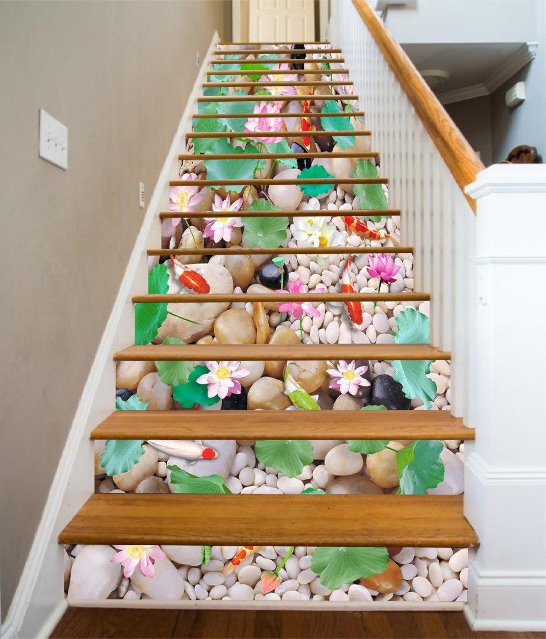 3D Pebbles Flowers Fishes 431 Stair Risers Wallpaper AJ Wallpaper