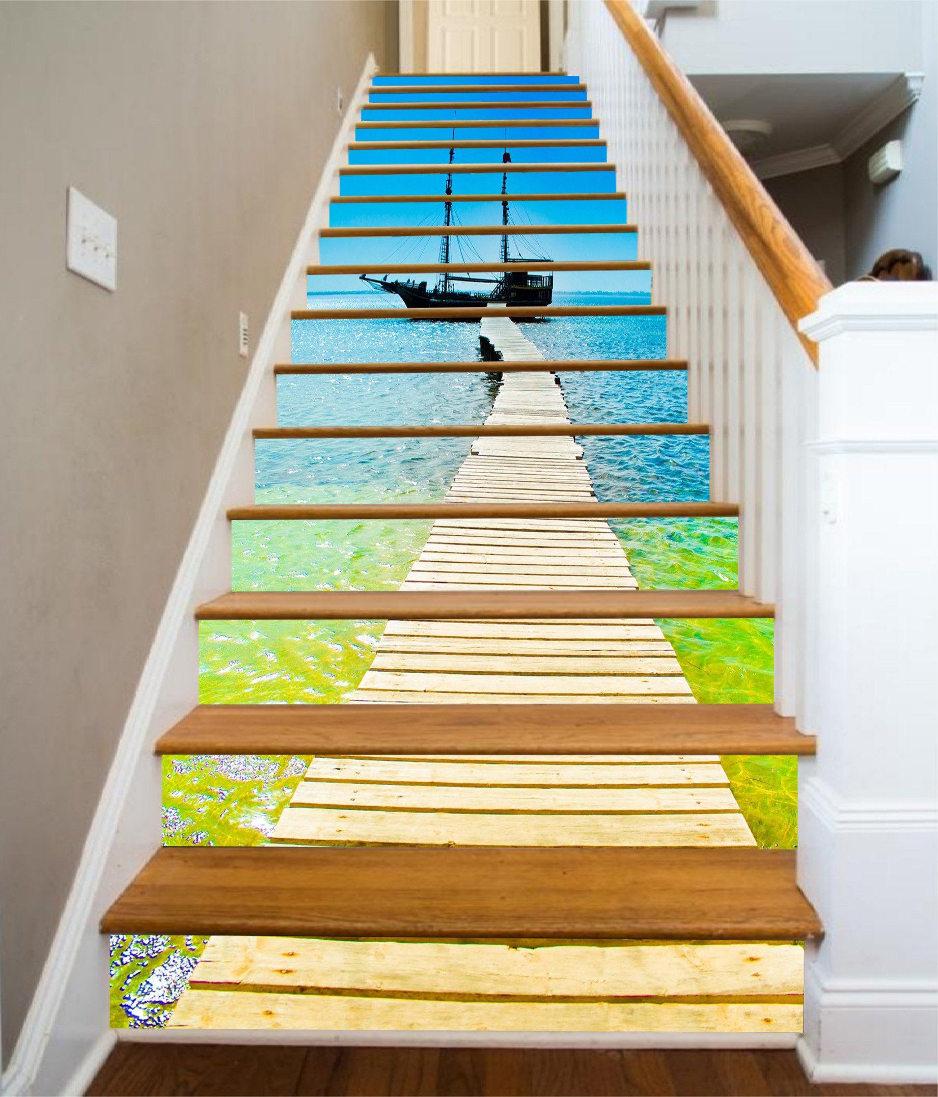 3D Sea Wood Bridge Boat 1021 Stair Risers Wallpaper AJ Wallpaper