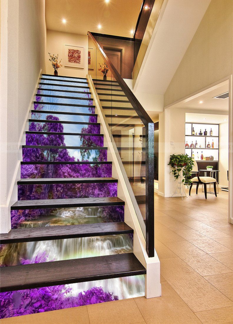 3D River Curtain And Trees 104 Stair Risers Wallpaper AJ Wallpaper