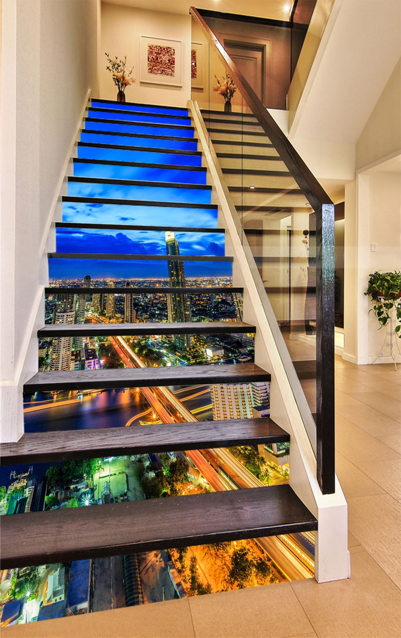 3D Dusk Bright City 1314 Stair Risers Wallpaper AJ Wallpaper