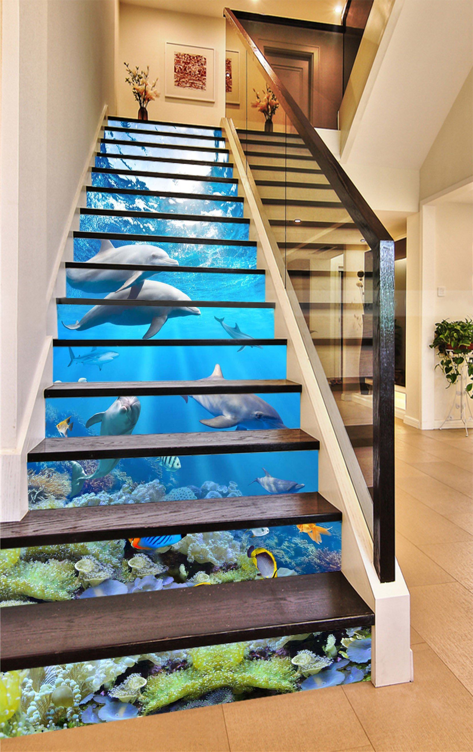 3D Pretty Seabed Dolphins 1410 Stair Risers Wallpaper AJ Wallpaper