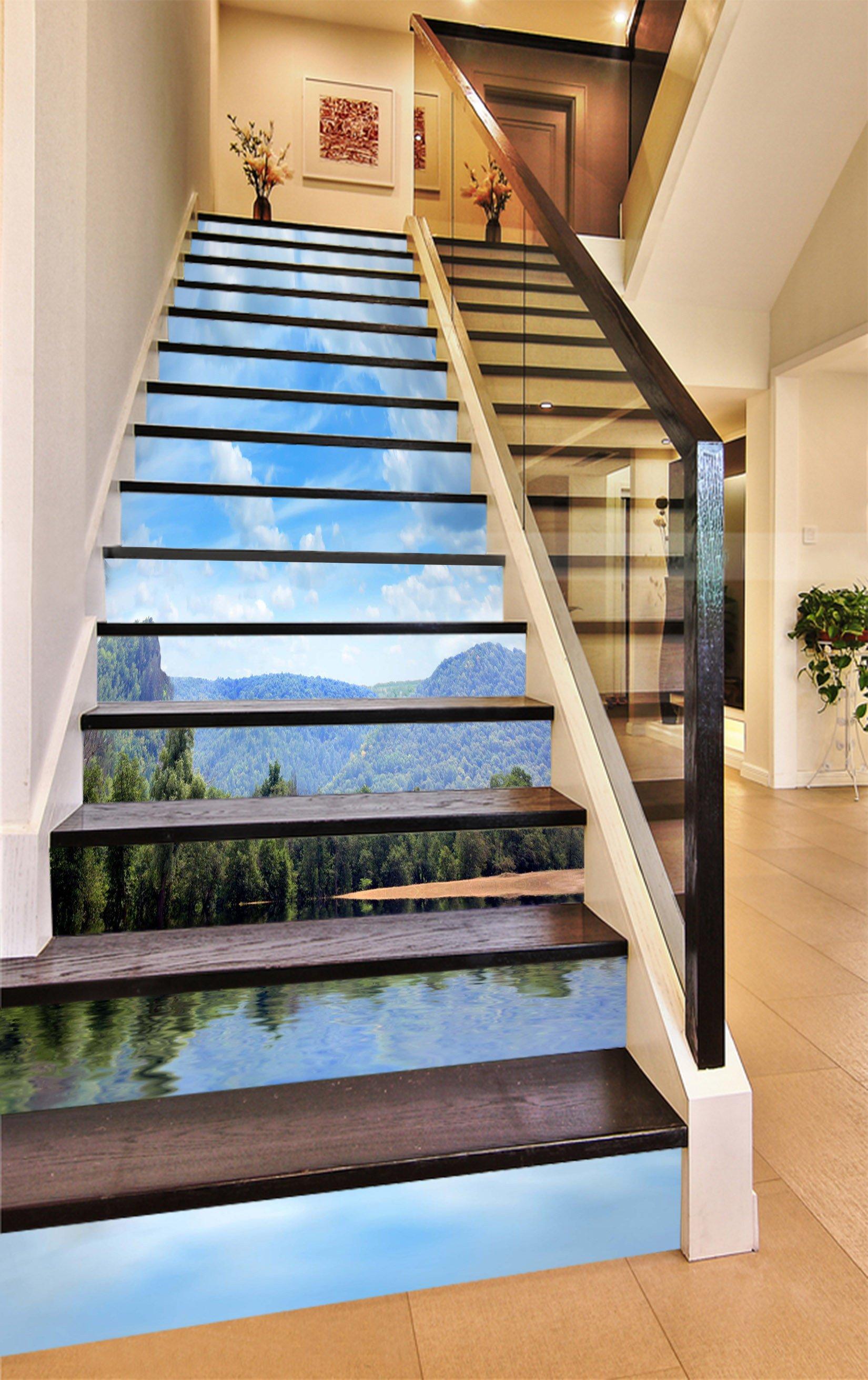 3D Green Mountain Calm Lake 1251 Stair Risers Wallpaper AJ Wallpaper