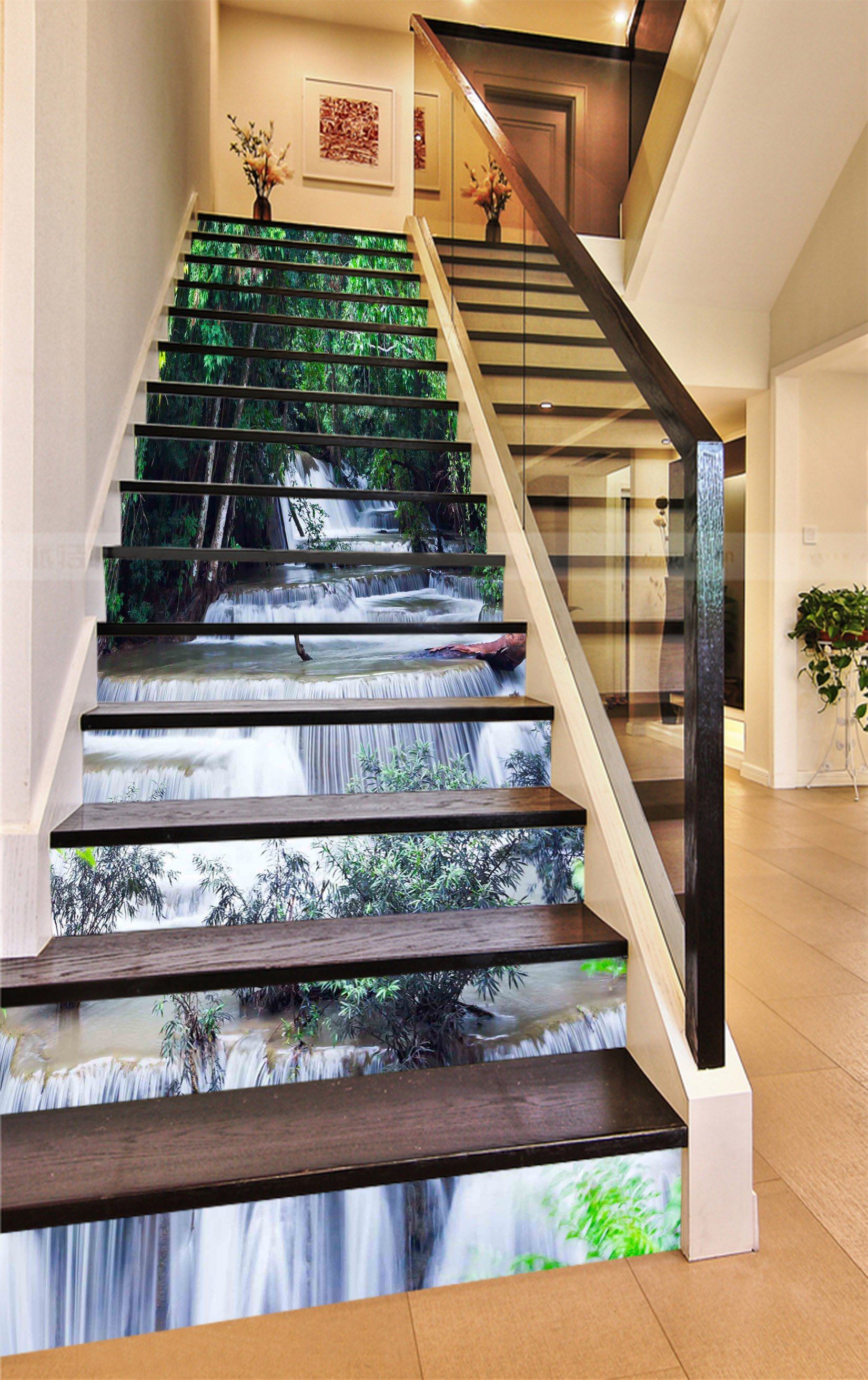 3D Green Forest River Waterfalls 900 Stair Risers Wallpaper AJ Wallpaper