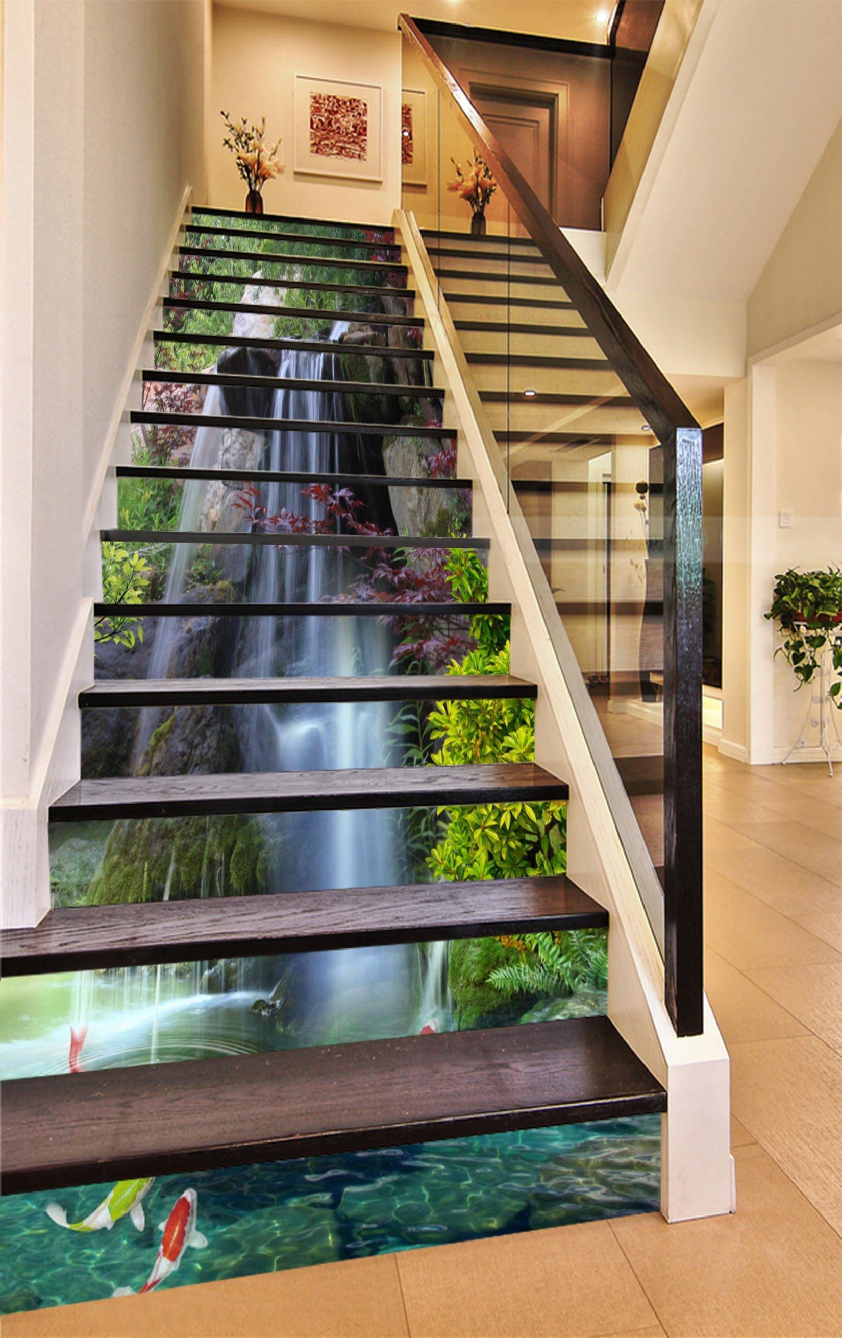 3D Waterfall Color Fishes 1495 Stair Risers Wallpaper AJ Wallpaper