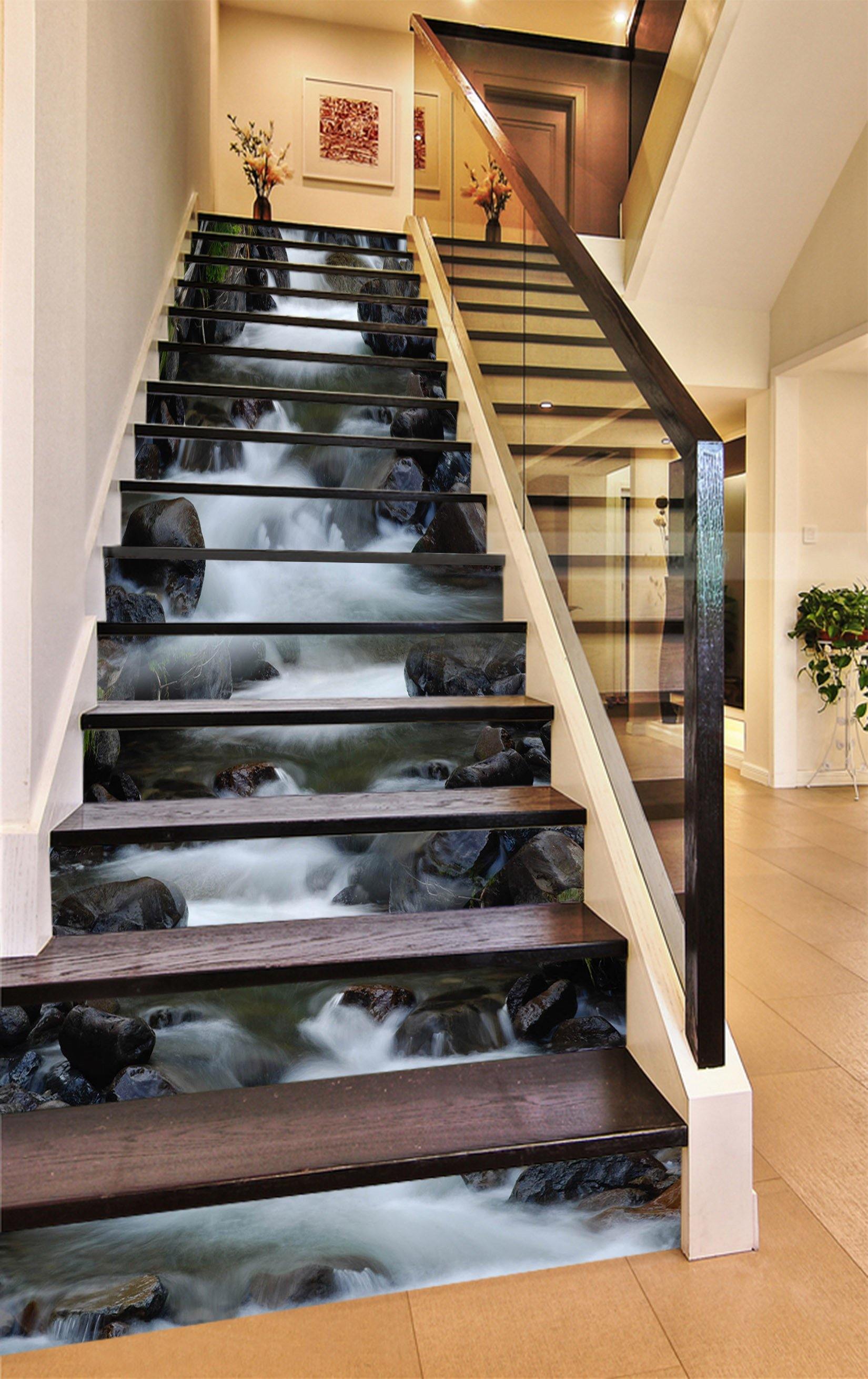 3D River Black Stones 1403 Stair Risers Wallpaper AJ Wallpaper