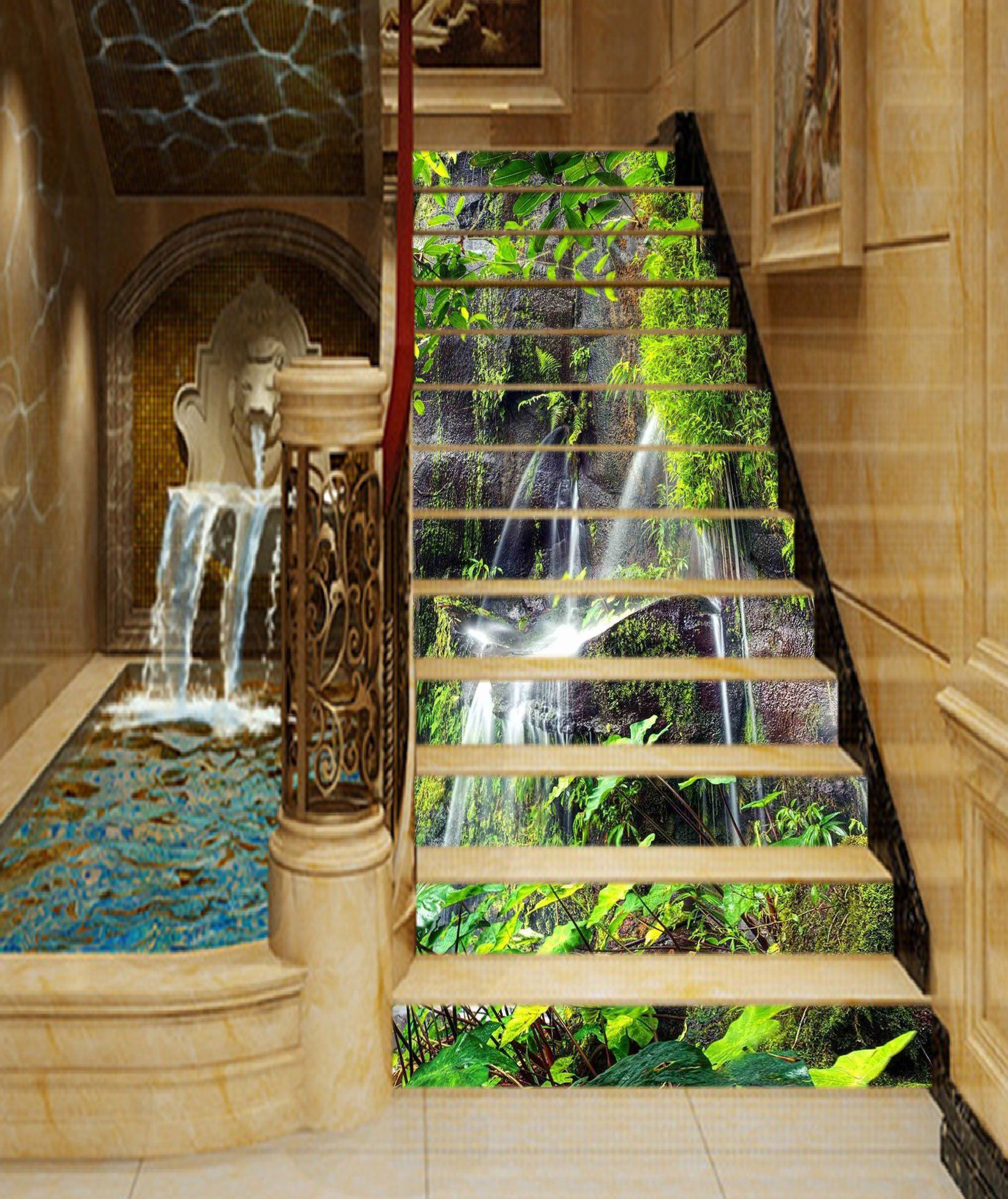 3D Rock Cliff Flowing Water 1617 Stair Risers Wallpaper AJ Wallpaper