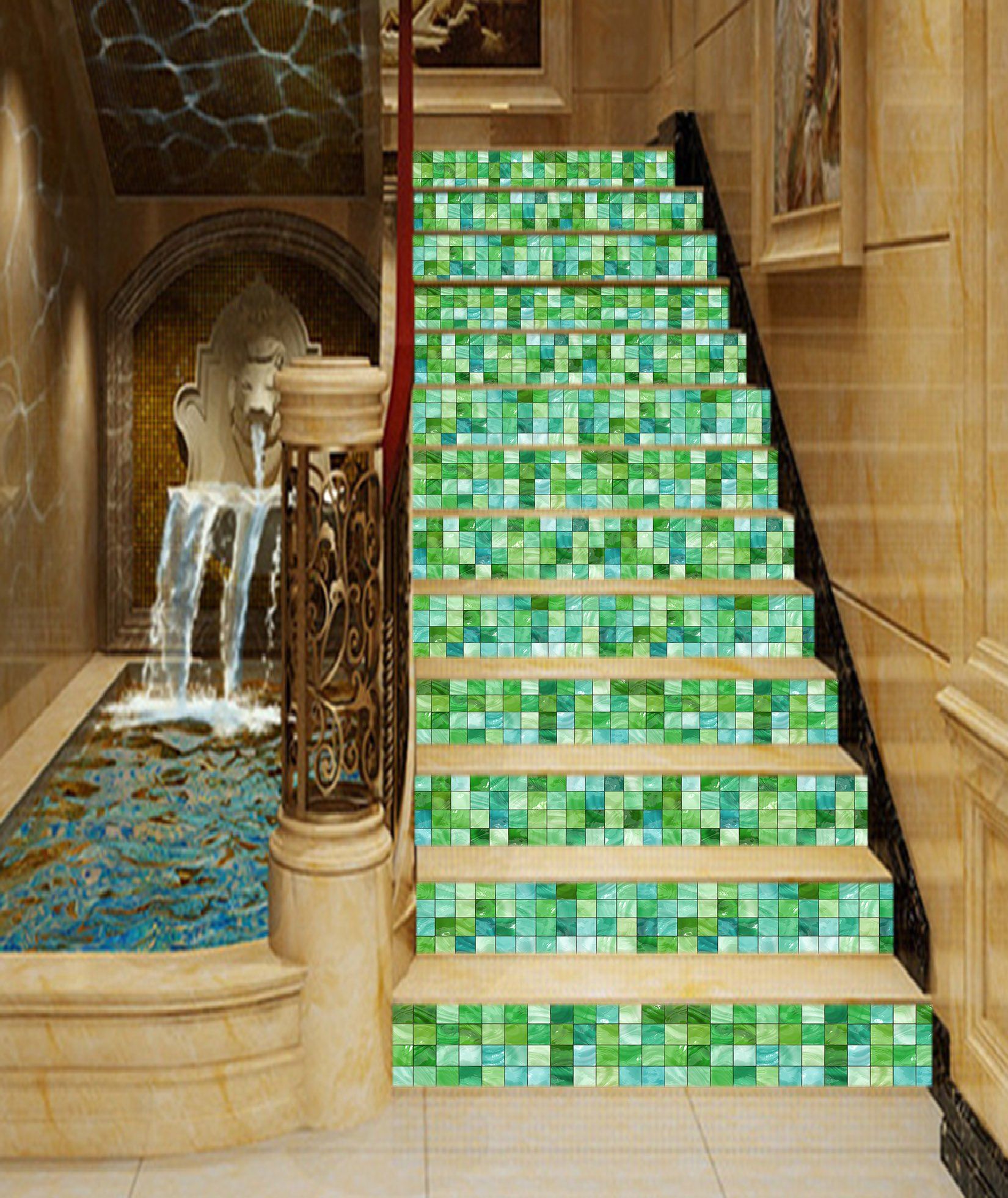 3D Green Mosaic 369 Stair Risers Wallpaper AJ Wallpaper