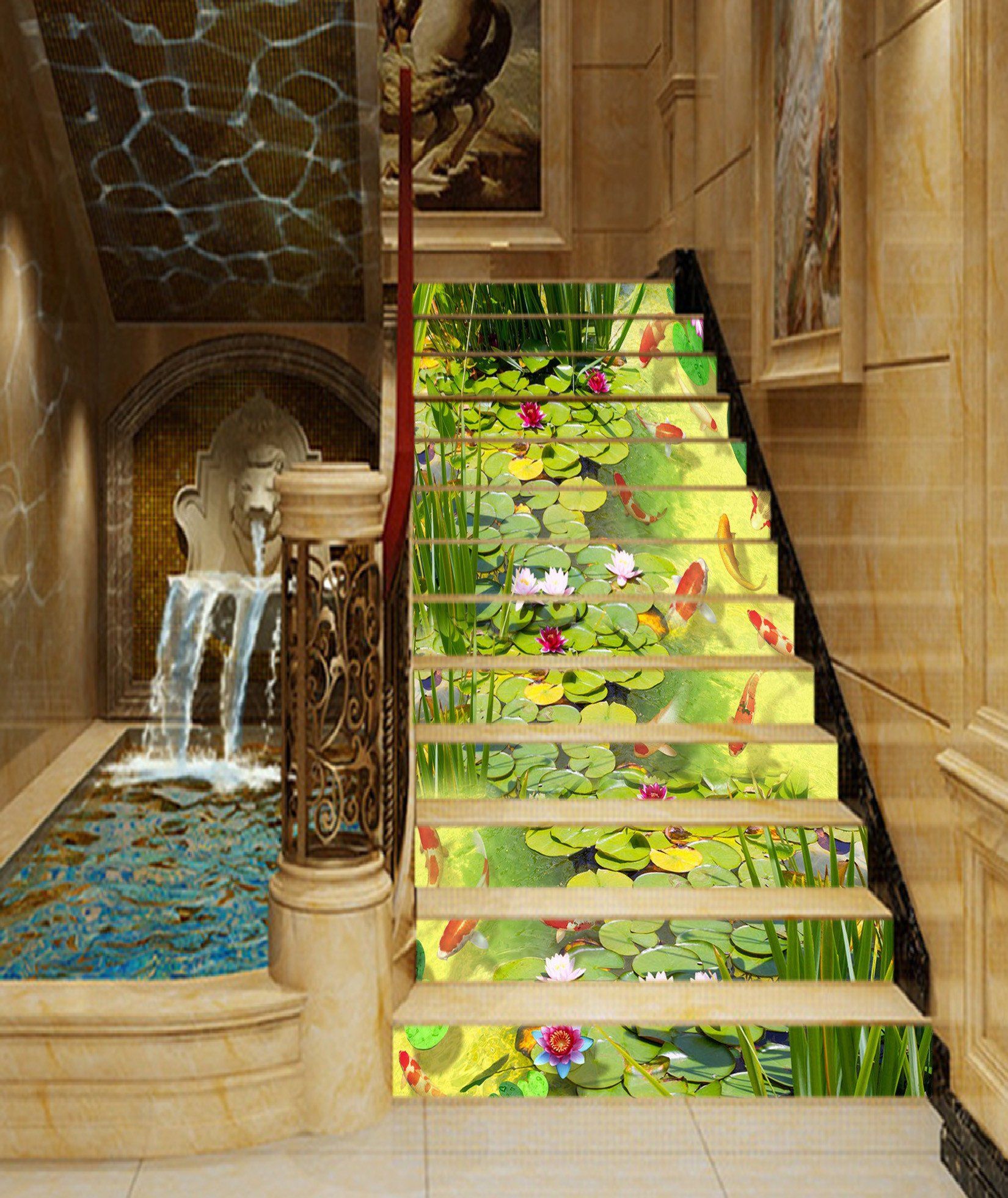 3D Lotus Flowers Fishes 1437 Stair Risers Wallpaper AJ Wallpaper