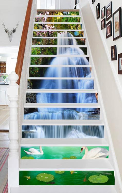 3D Waterfall Lake Animals 567 Stair Risers Wallpaper AJ Wallpaper