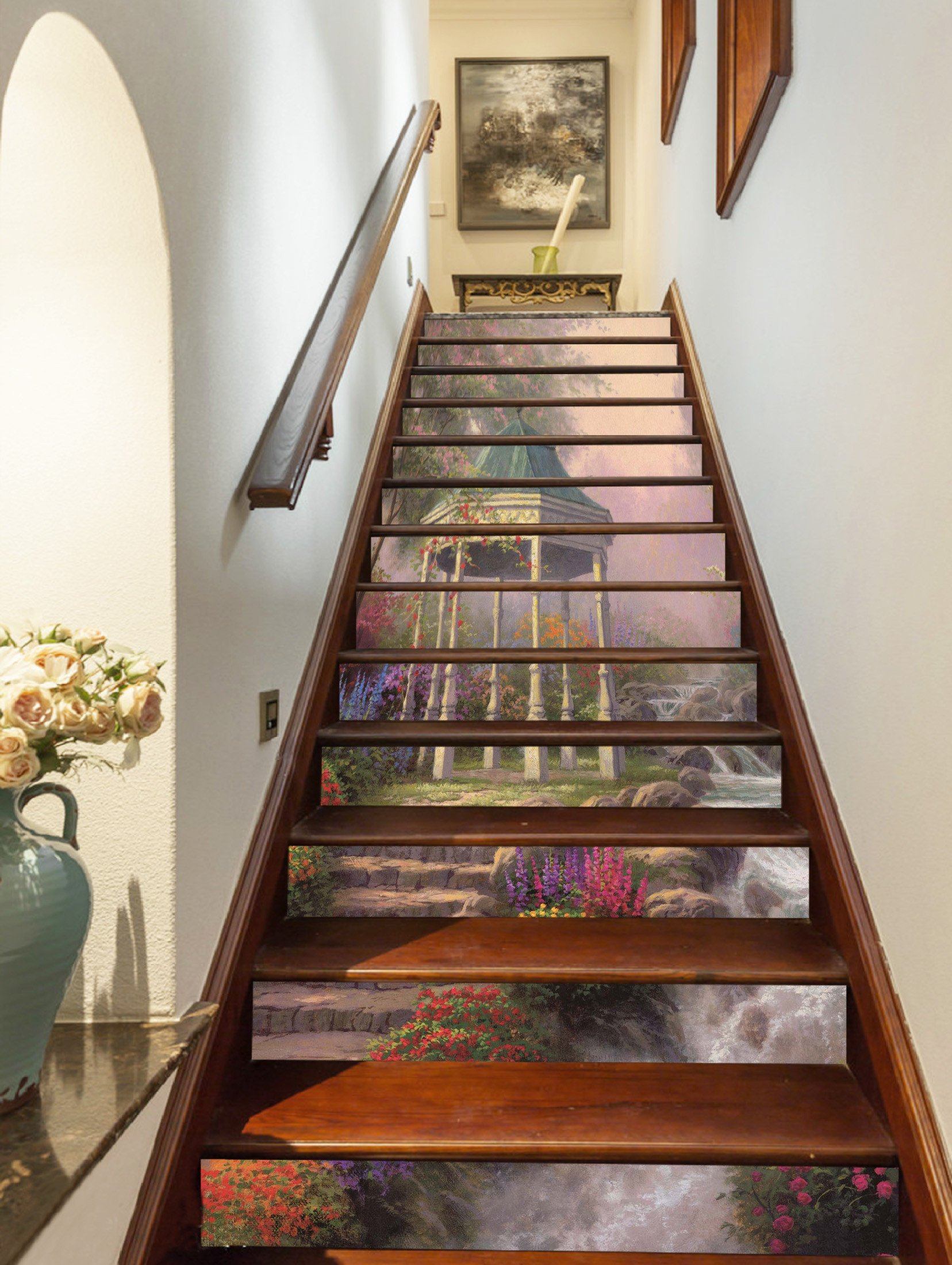 3D River Pavilion Flowers 1032 Stair Risers Wallpaper AJ Wallpaper