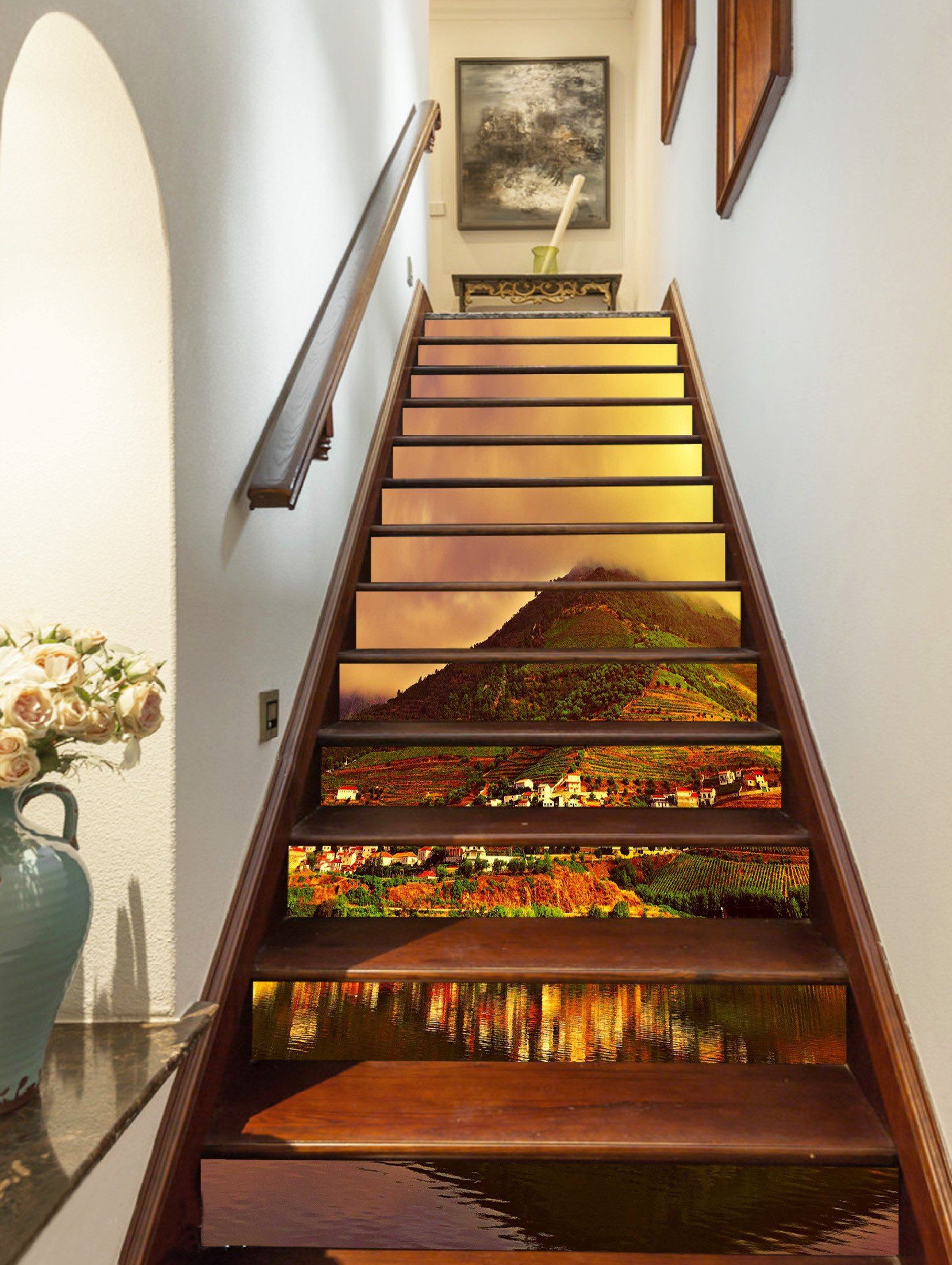 3D Lakeside Mountain Village 749 Stair Risers Wallpaper AJ Wallpaper