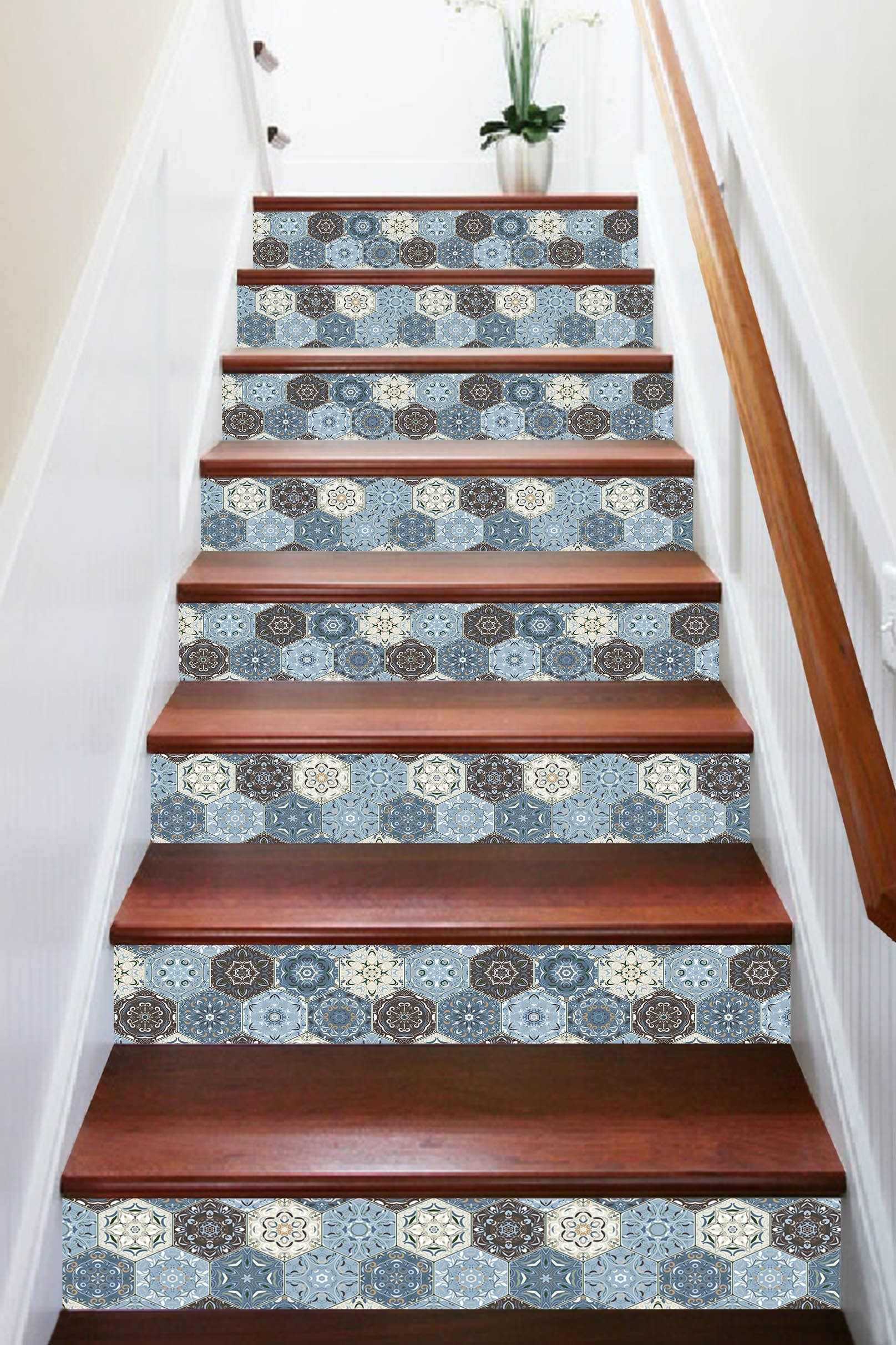 3D Sky Blue Vintage Mosaic 288 Marble Tile Texture Stair Risers Wallpaper AJ Wallpaper