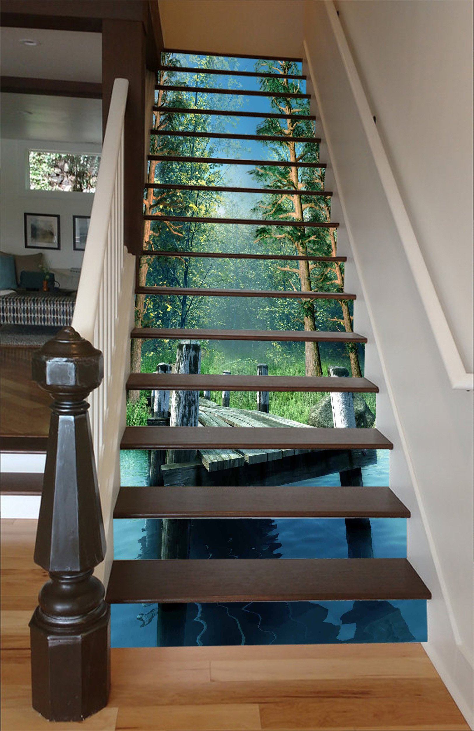 3D Forest Lake Wood Bridge 1543 Stair Risers Wallpaper AJ Wallpaper