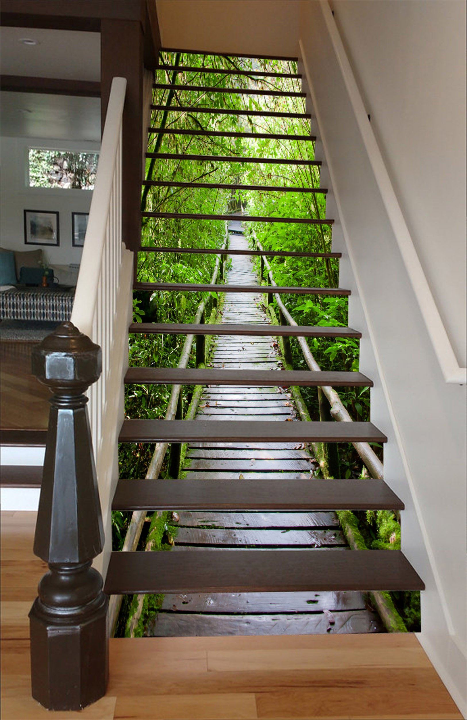 3D Wood Bridge Green Trees 1535 Stair Risers Wallpaper AJ Wallpaper